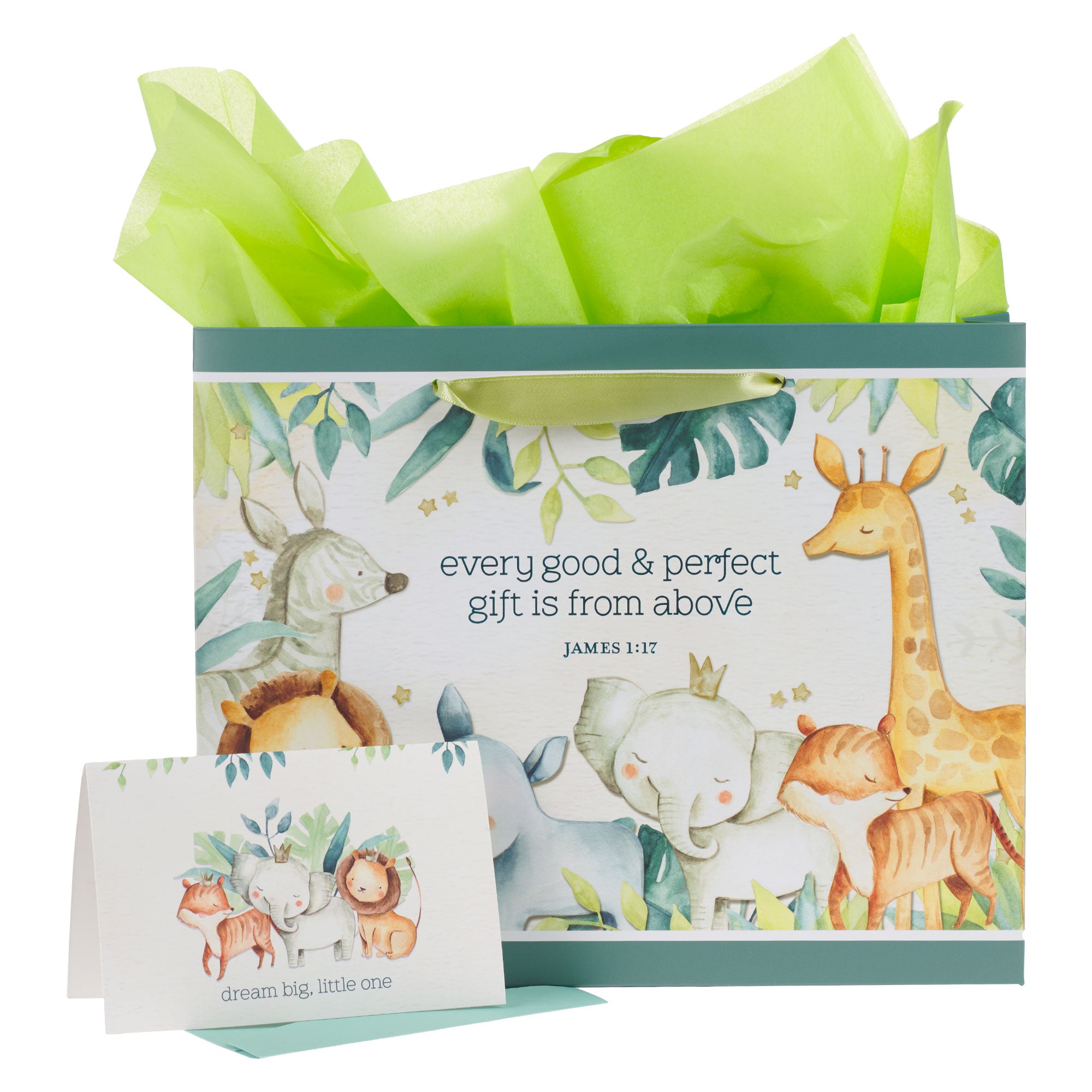 Gift Bag Large Landscape: Every Good and Perfect Gift, Green Jungle Animals (James 1:17)