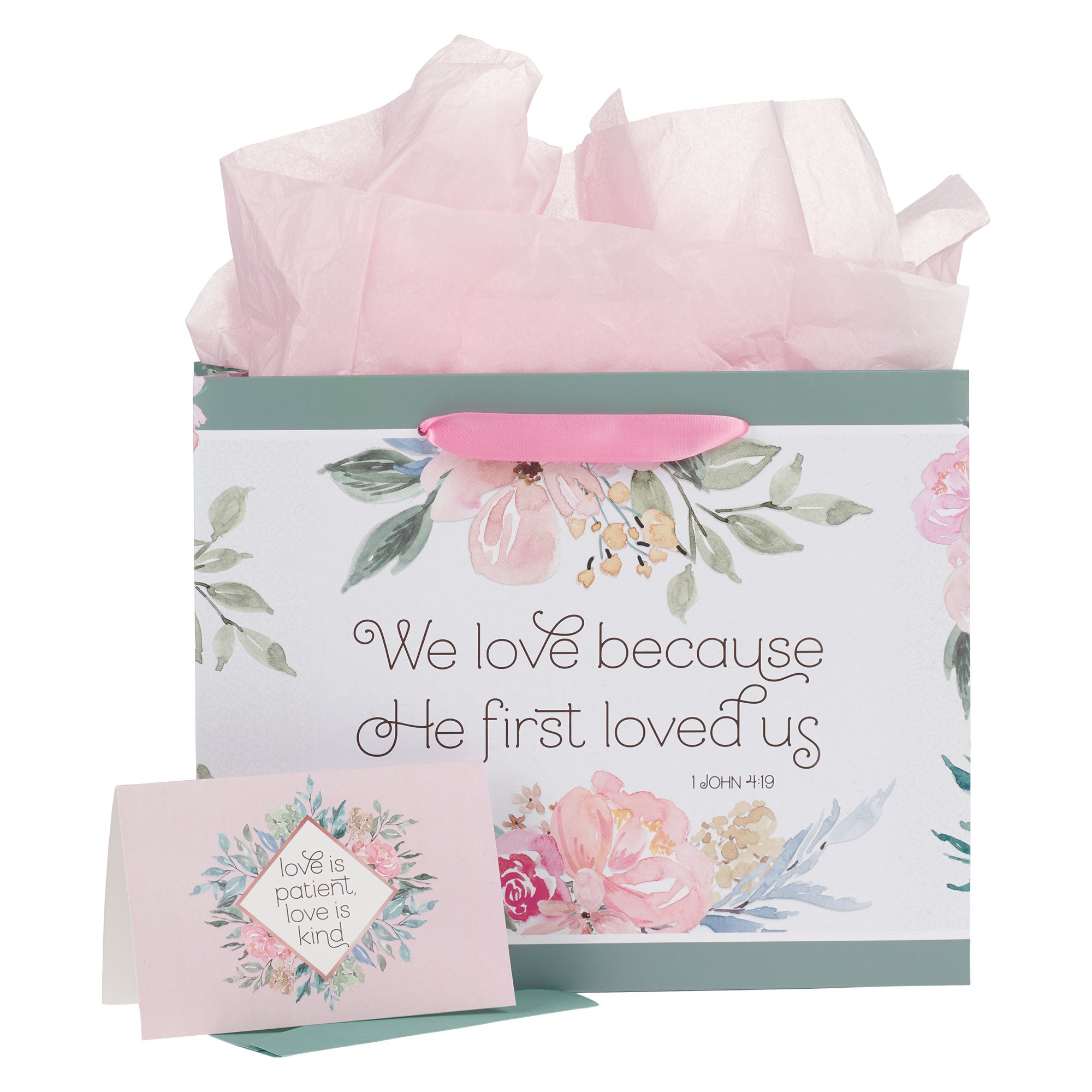 Gift Bag Large Landscape: We Love Because He First Loved Us Sage/Light Pink/White (1 John 4:19)