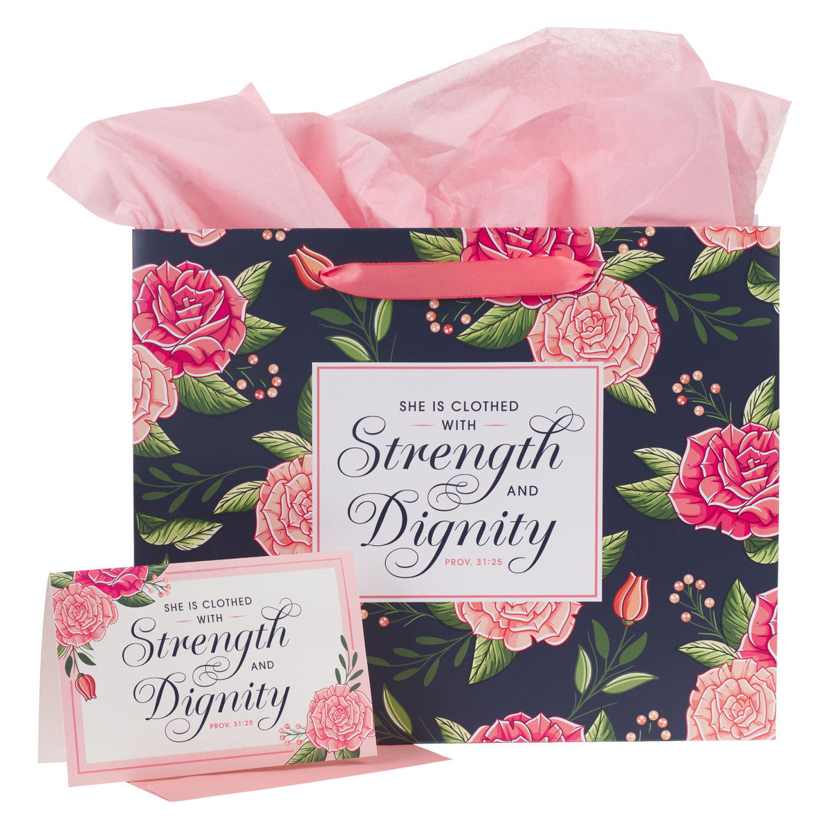 Gift Bag Large Landscape: Strength & Dignity Navy/Pink (Prov 31:25) (Strength & Dignity Pink Rose Series)