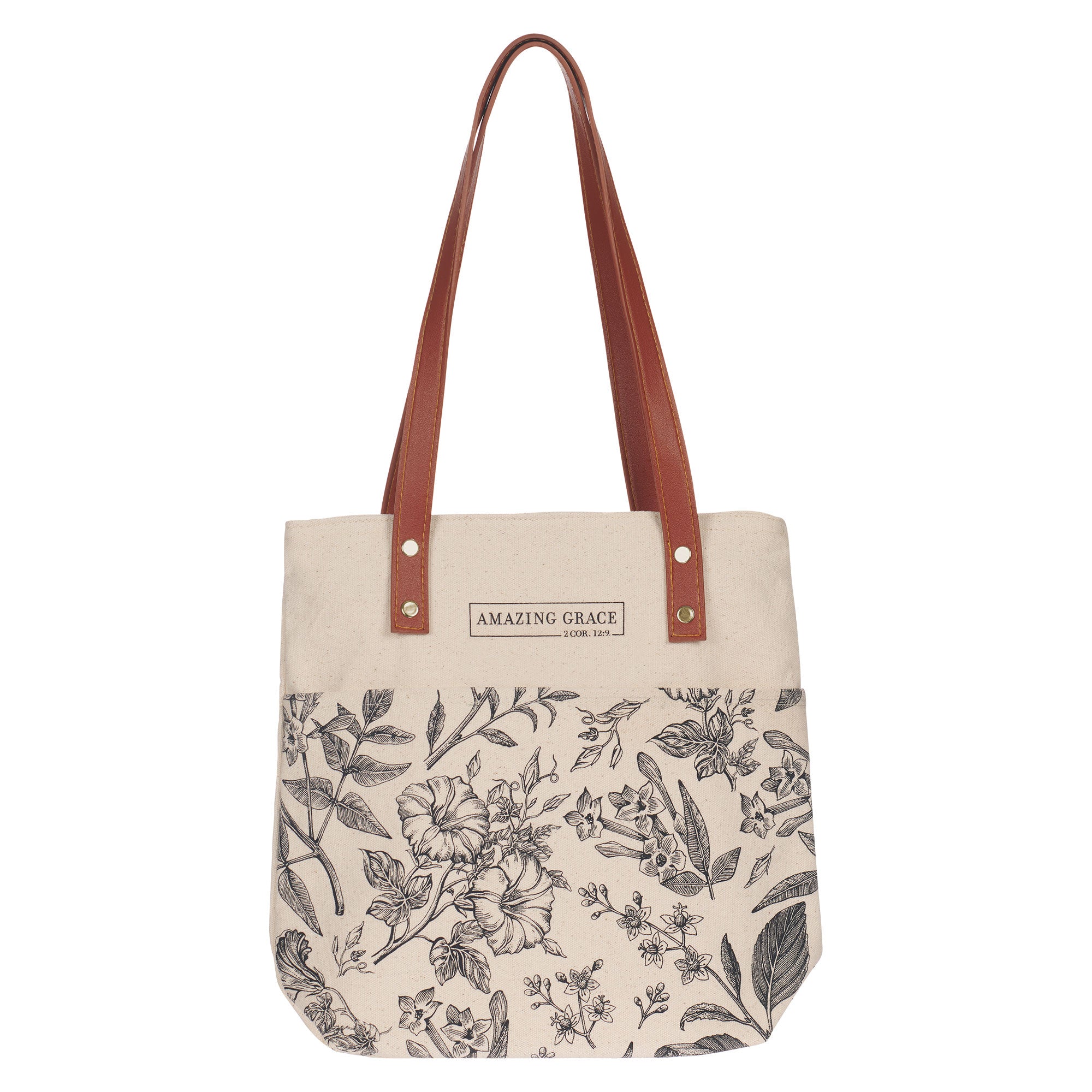Canvas Tote Bag With Faux Leather Handles: Amazing Grace, Brown/Floral Canvas (2 Cor 12:9) (Amazing Grace Natural Series)