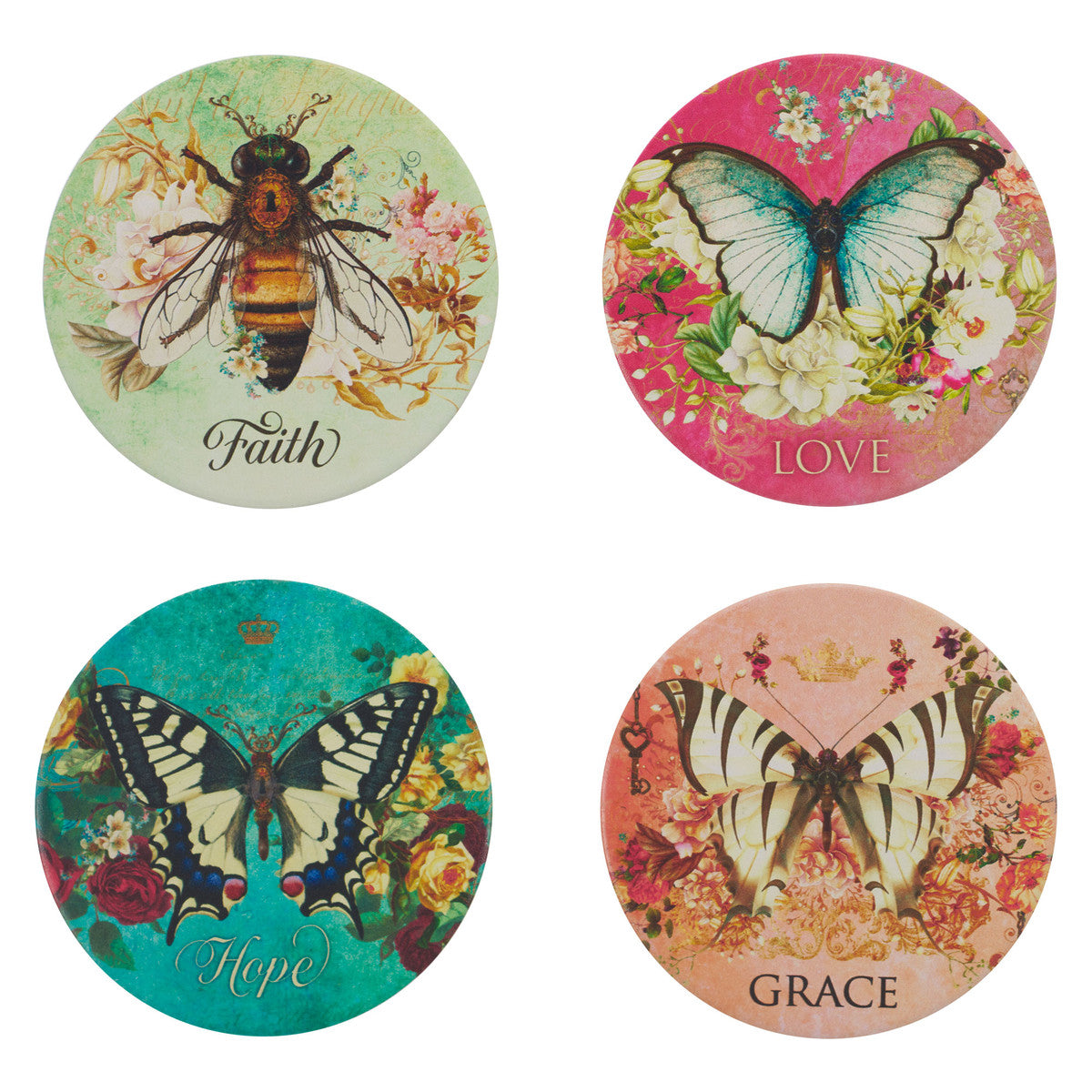 Ceramic Coaster Set of 4: Butterflies & Bee- Faith, Hope, Love, Grace, Comes With Wire Holder, 102 Mm Diameter (Secret Garden Series)