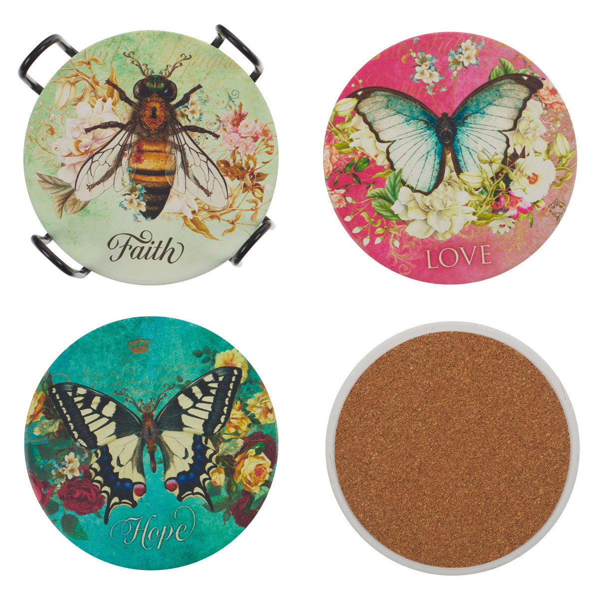 Ceramic Coaster Set of 4: Butterflies & Bee- Faith, Hope, Love, Grace, Comes With Wire Holder, 102 Mm Diameter (Secret Garden Series)