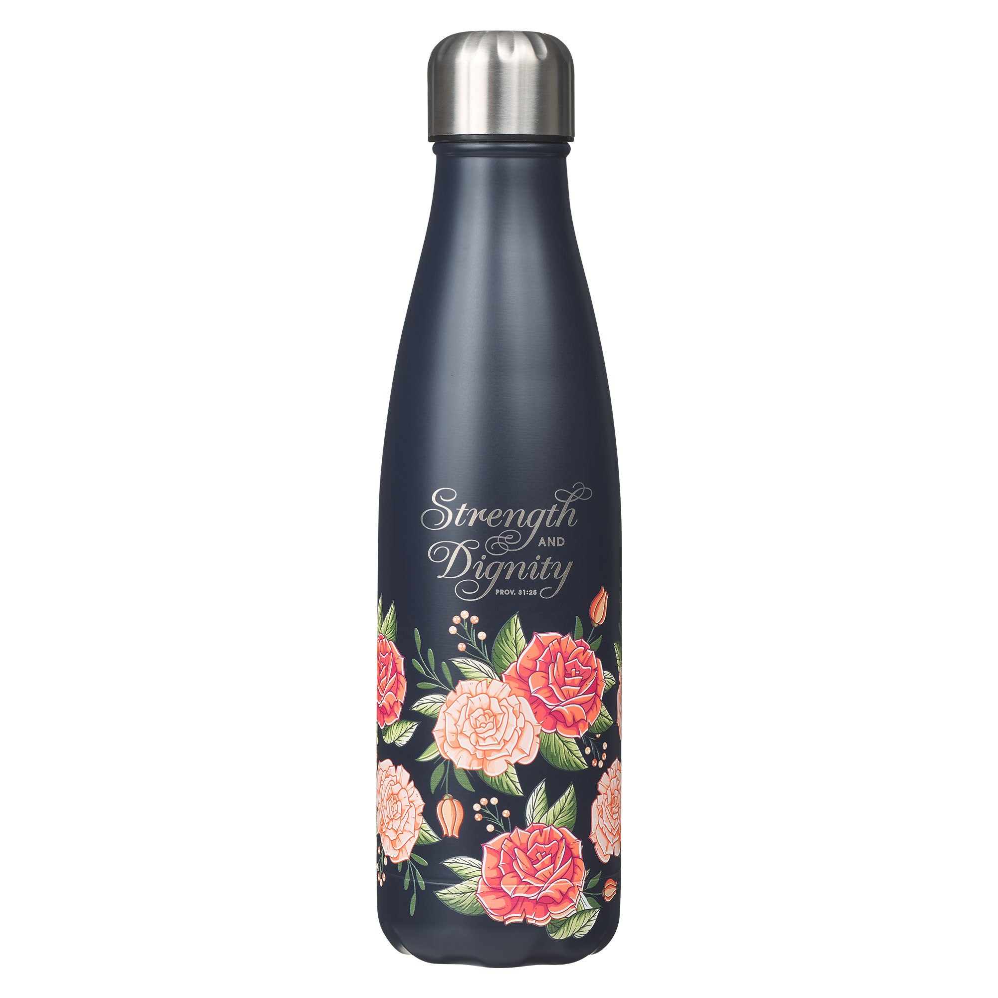 Water Bottle, Stainless Steel (503 ml): Strength & Dignity, Navy, Strength & Dignity (Pink Rose Collection)