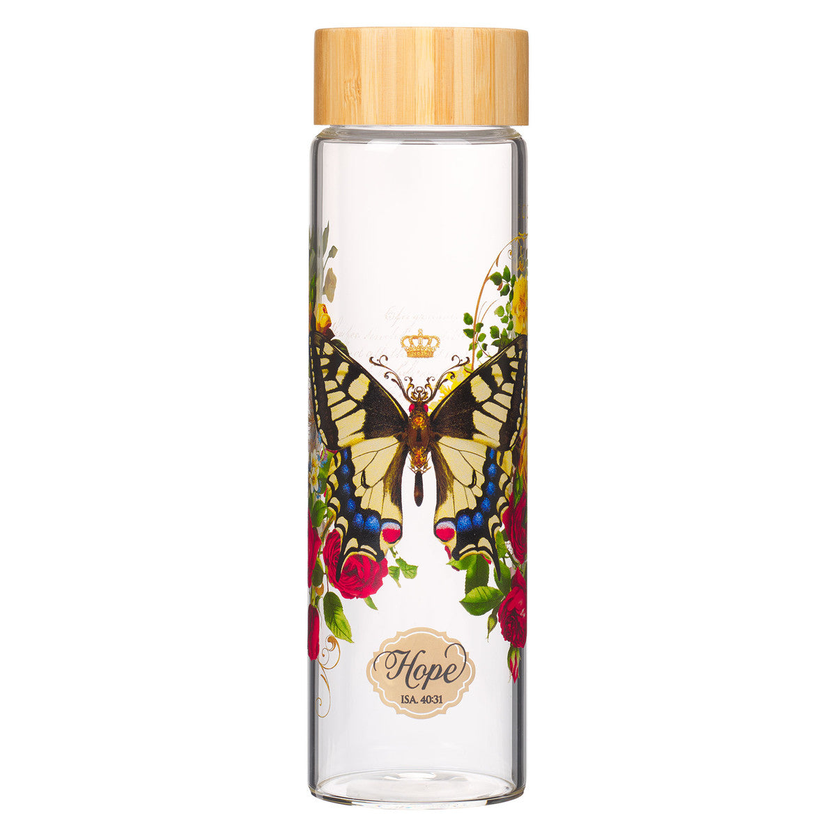 Water Bottle, Glass with Bamboo Lid (650 ml): Hope, Teal Butterfly, Isaiah 40:31 (Secret Garden Collection)