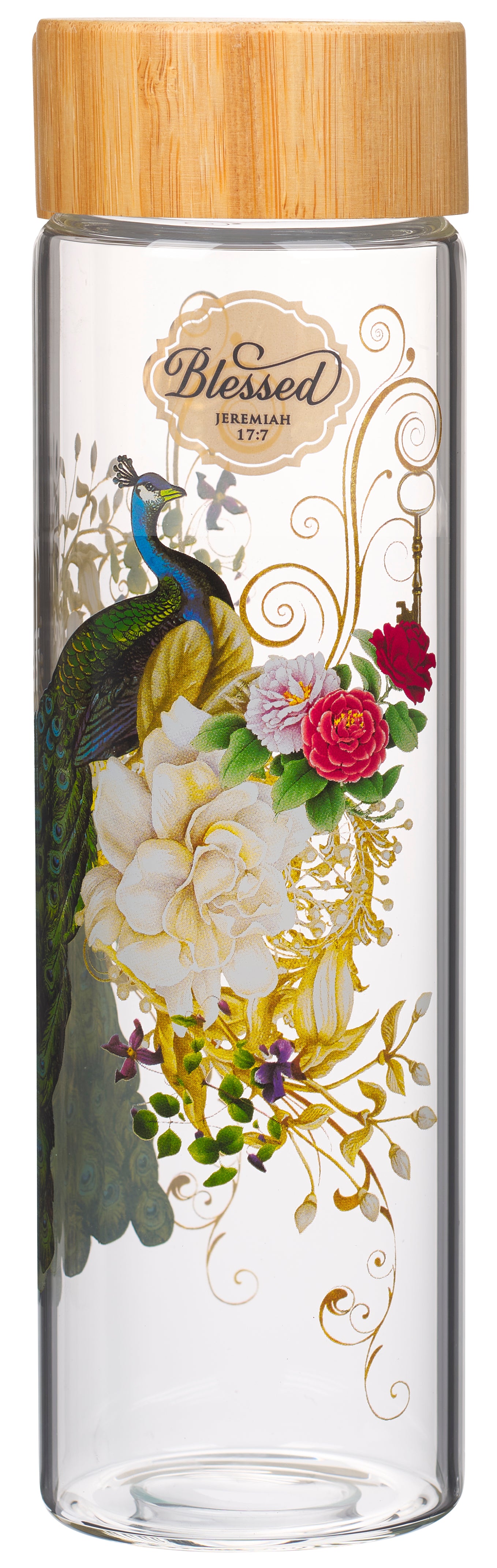 Water Bottle, Glass with Bamboo Lid (650 ml): Blessed, Blue Peacock, Jer 17:7 (Secret Garden Collection)