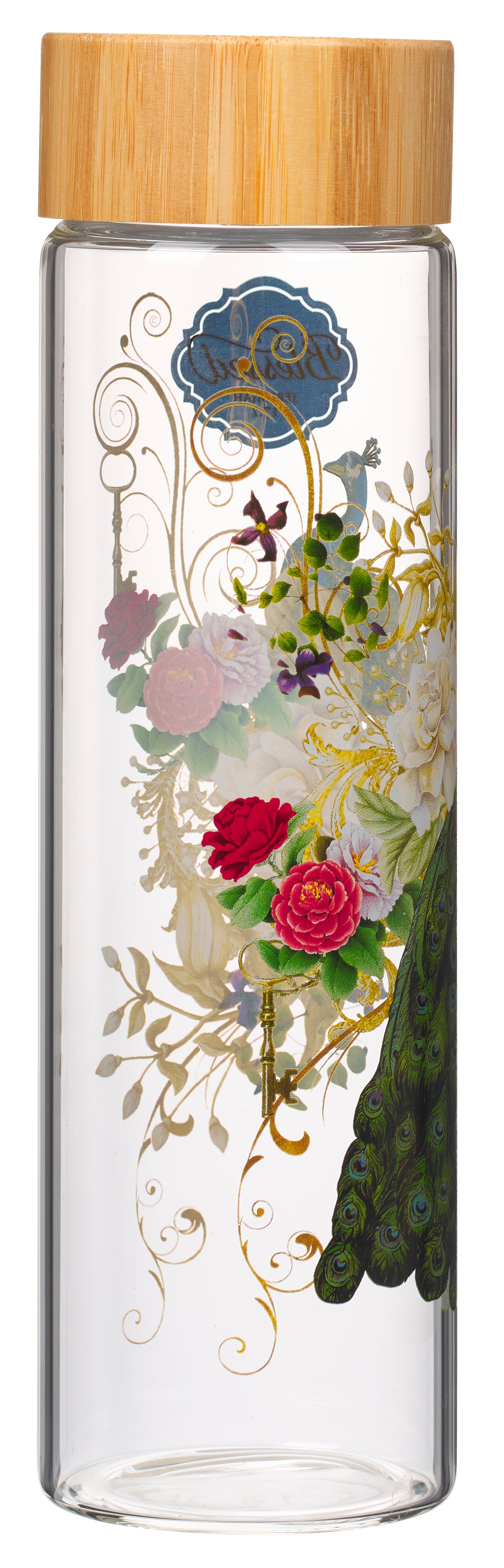 Water Bottle, Glass with Bamboo Lid (650 ml): Blessed, Blue Peacock, Jer 17:7 (Secret Garden Collection)