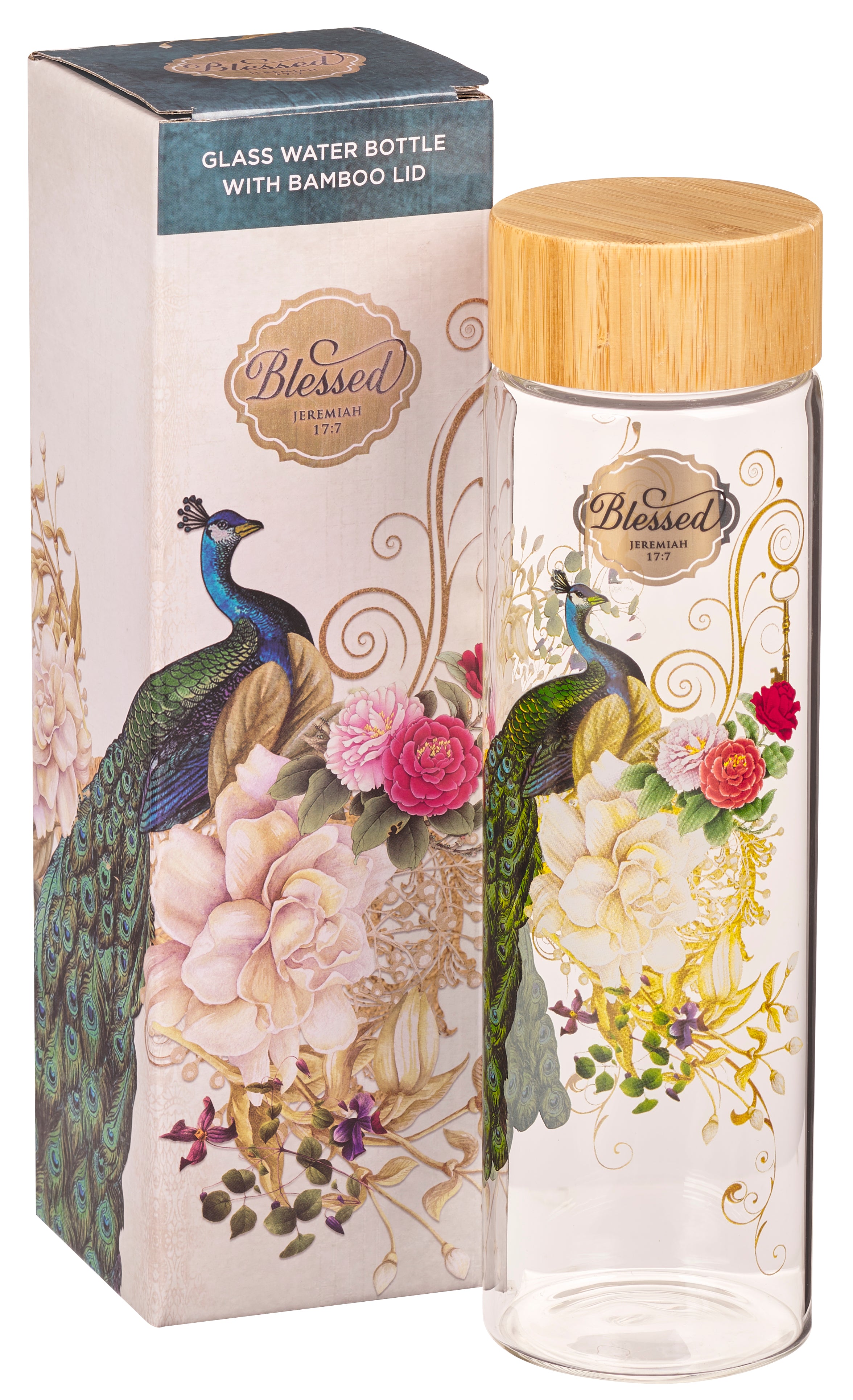Water Bottle, Glass with Bamboo Lid (650 ml): Blessed, Blue Peacock, Jer 17:7 (Secret Garden Collection)
