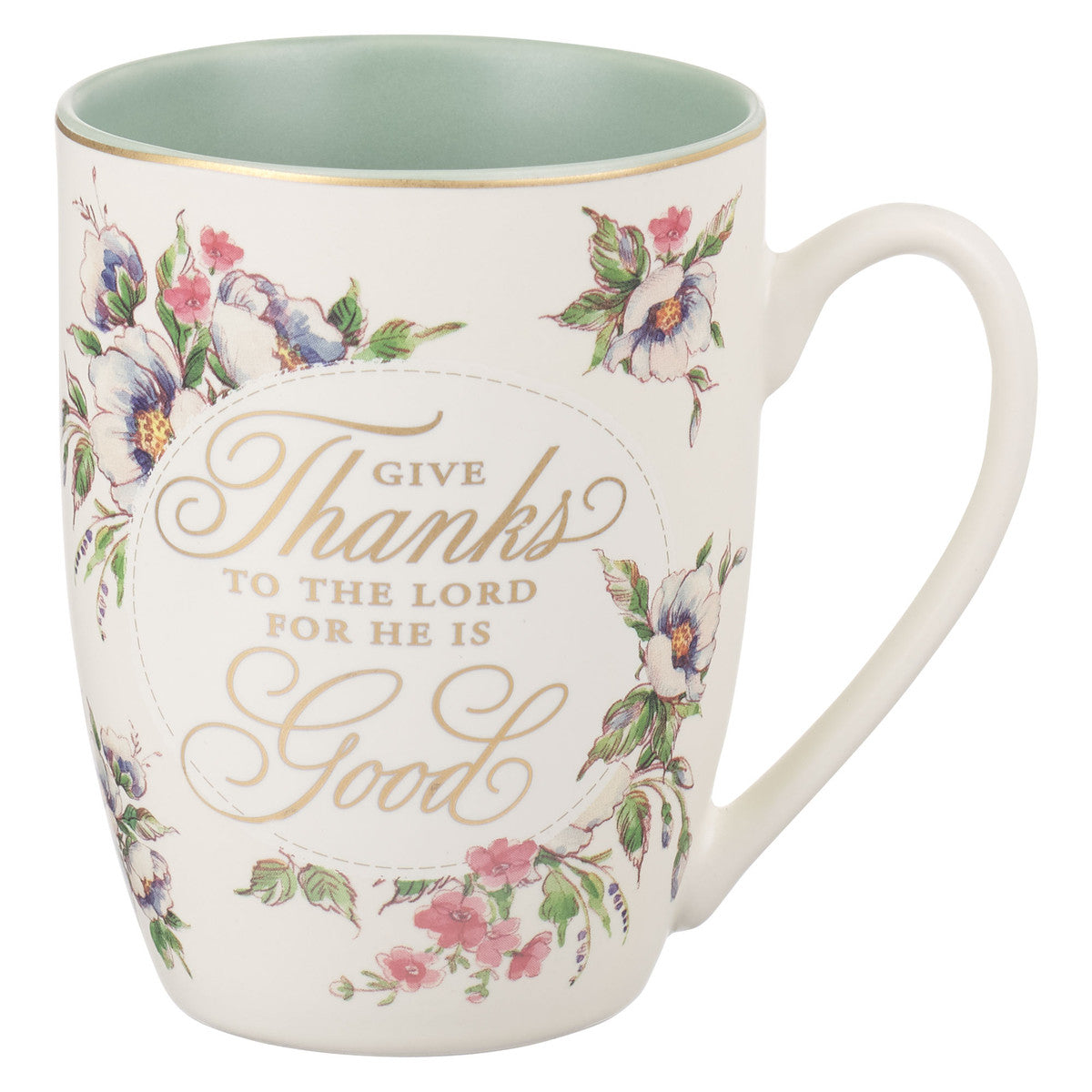 Ceramic Mug, 355 ML: Give Thanks to the Lord (Psalm 107:1) (Give Thanks White Lace Series)