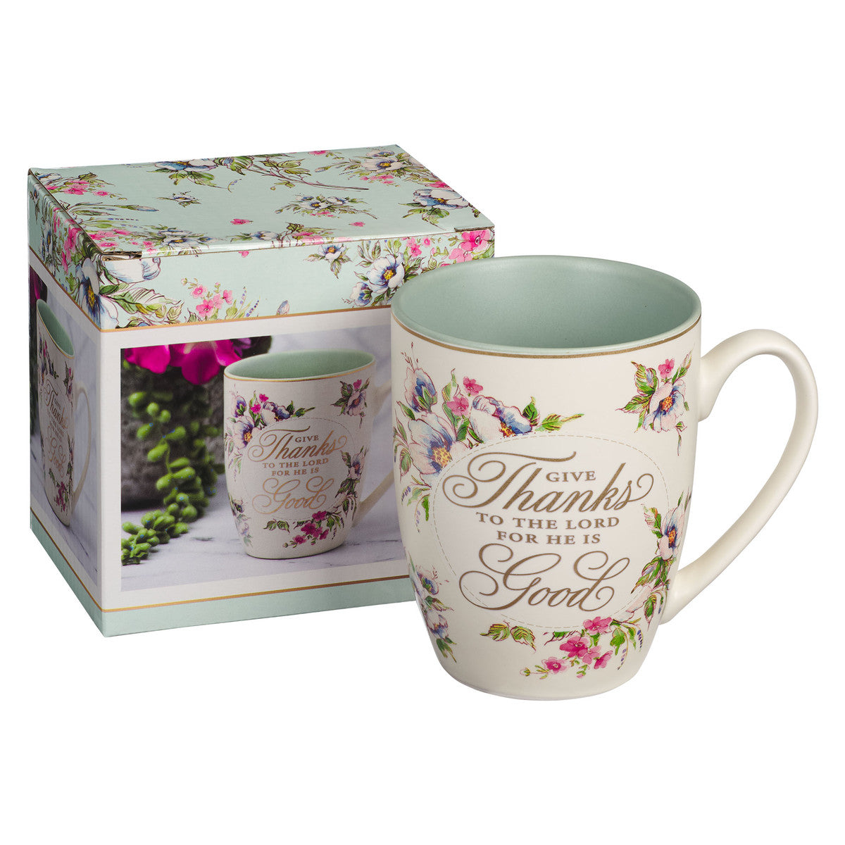 Ceramic Mug, 355 ML: Give Thanks to the Lord (Psalm 107:1) (Give Thanks White Lace Series)