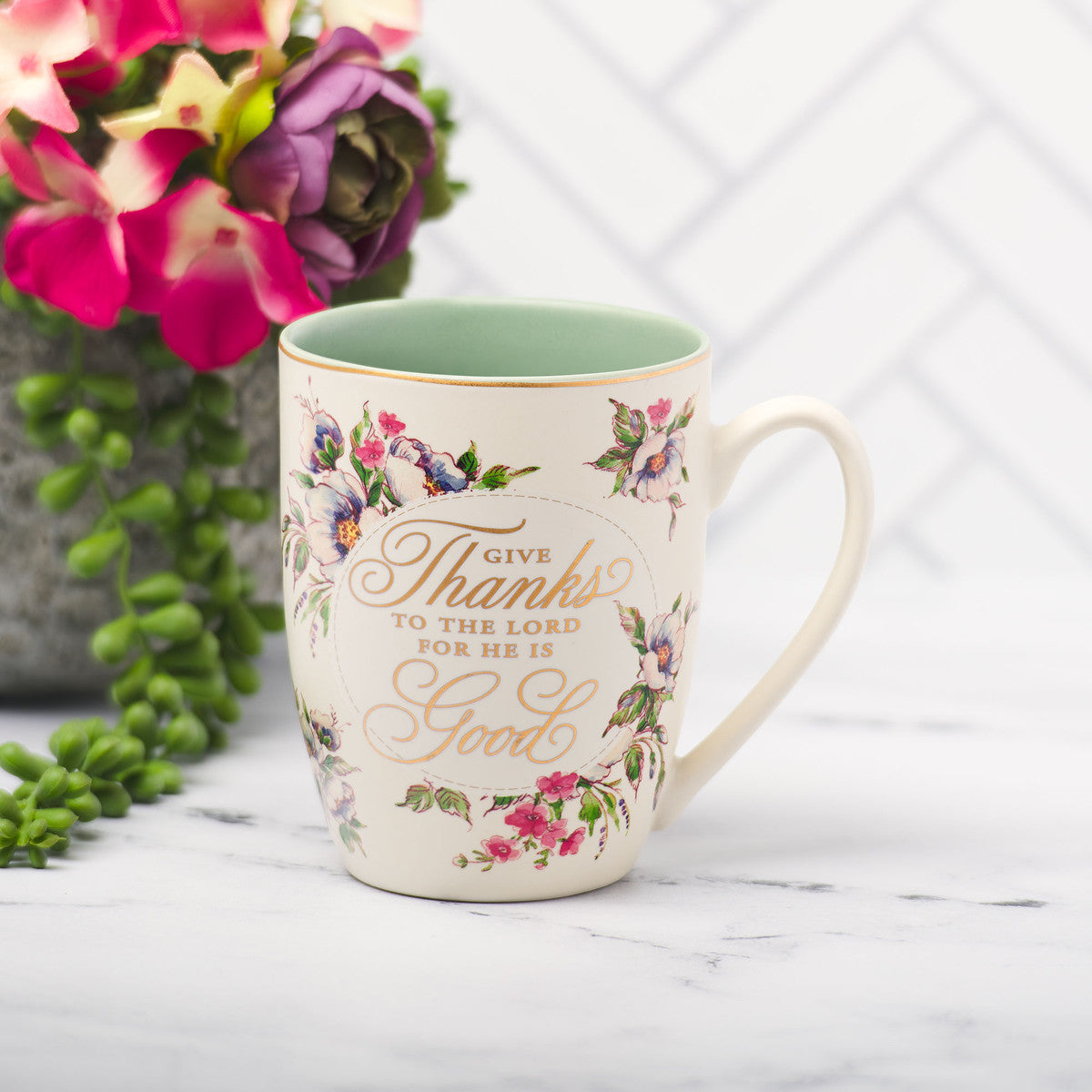 Ceramic Mug, 355 ML: Give Thanks to the Lord (Psalm 107:1) (Give Thanks White Lace Series)