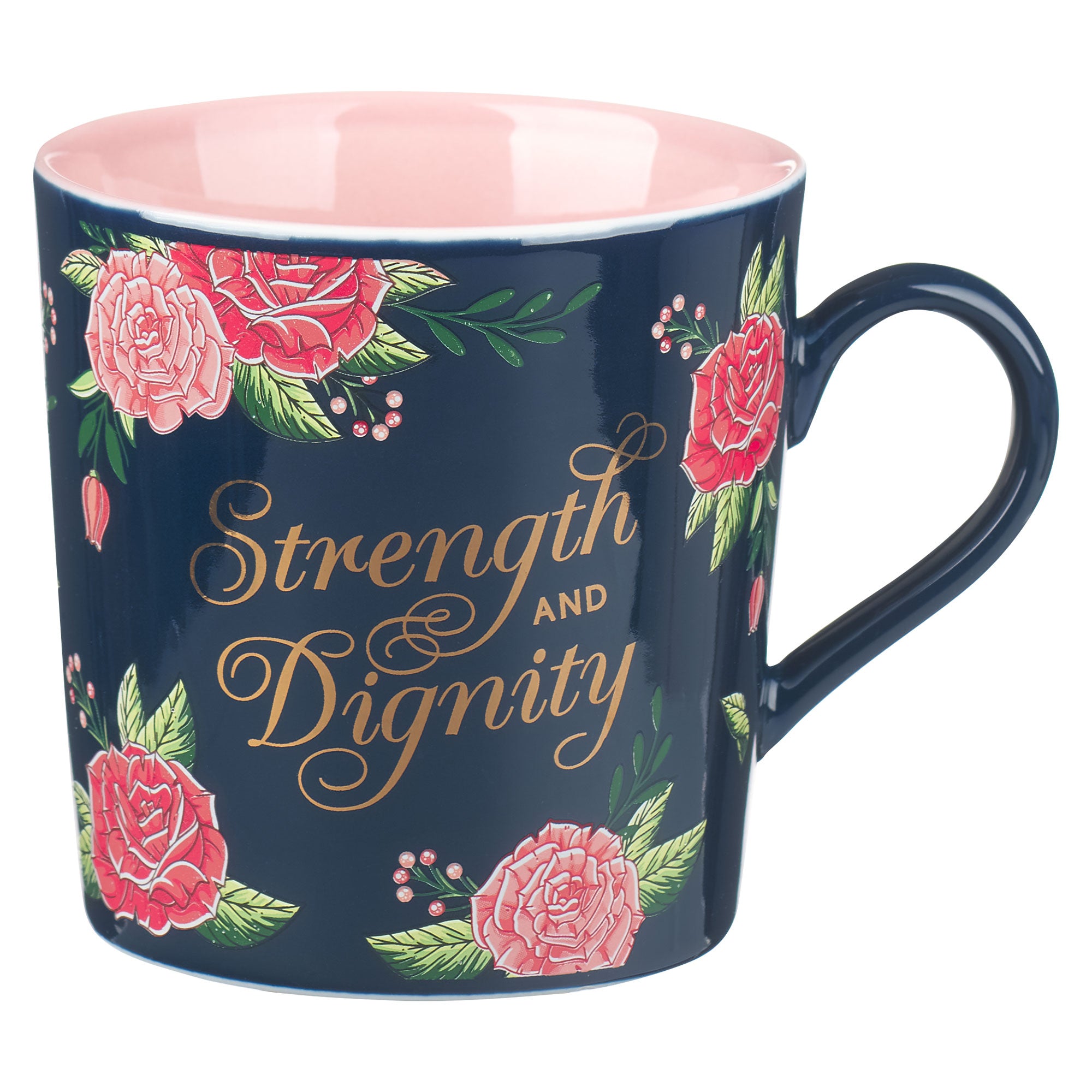 Ceramic Mug, 414 ML: Strength & Dignity, Navy/ Pink Inside (Strength & Dignity Pink Rose Series)