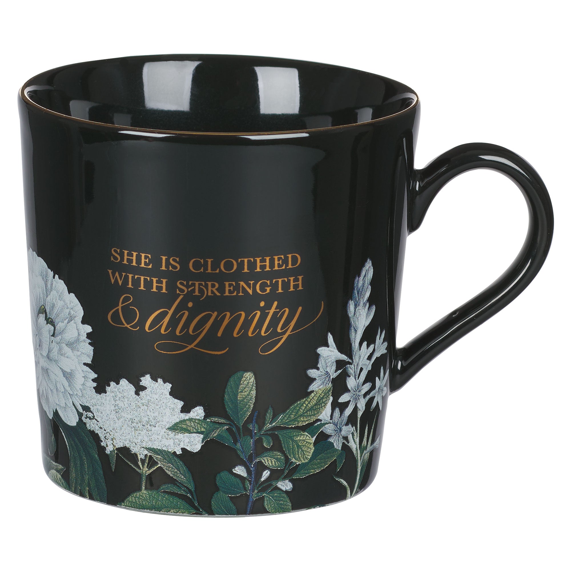 Ceramic Mug, 414 ML: She is Clothed With Strength & Dignity, Navy (Graceful Peonies Series)