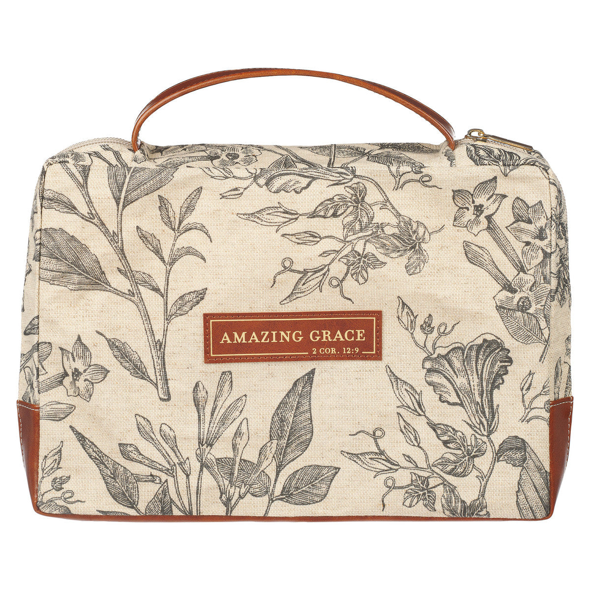 Bible Cover Large: Amazing Grace, Brown/Floral Canvas (2 Cor 12:9) (Amazing Grace Natural Series)