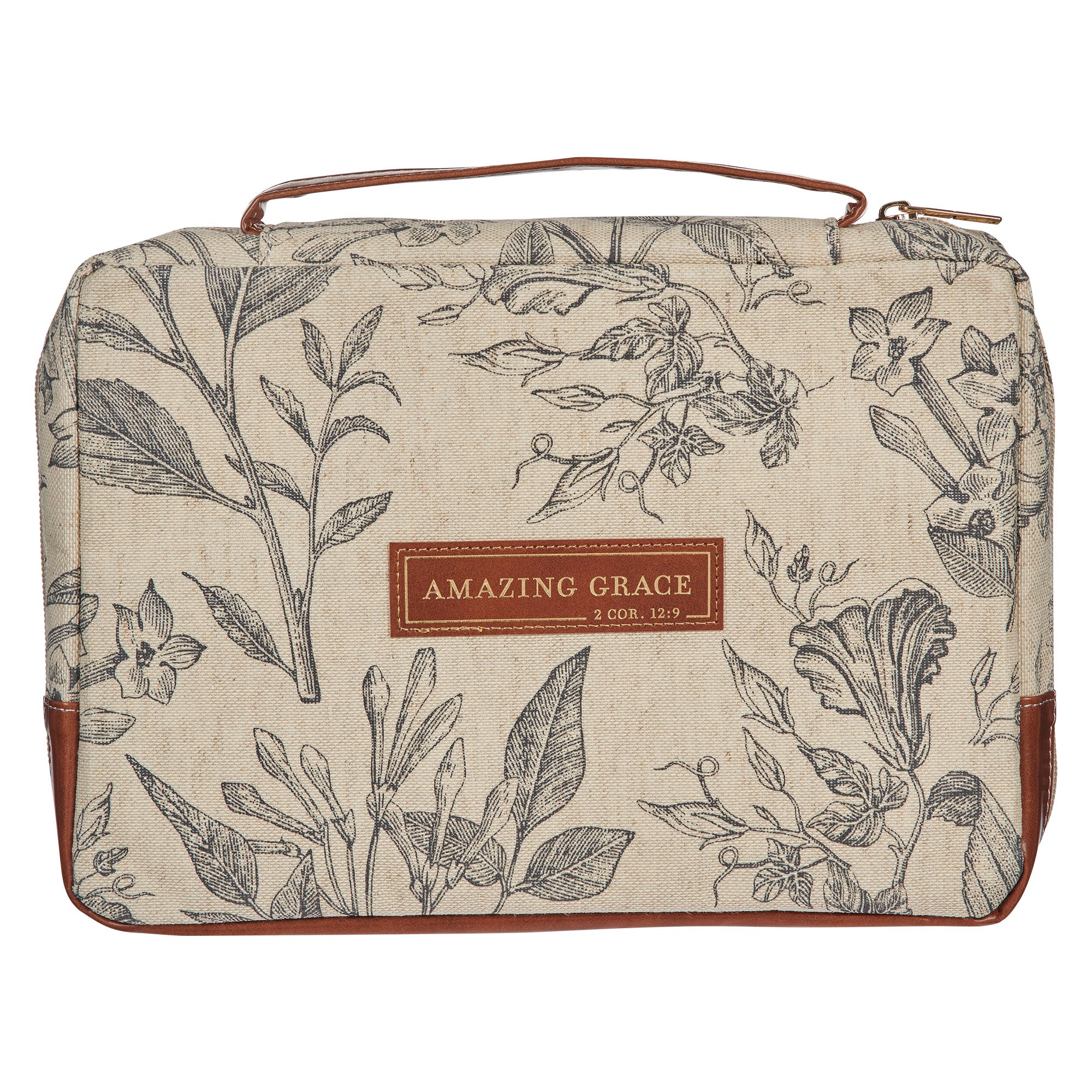 Bible Cover Medium: Amazing Grace, Brown/Floral Canvas (2 Cor 12:9) (Amazing Grace Natural Series)