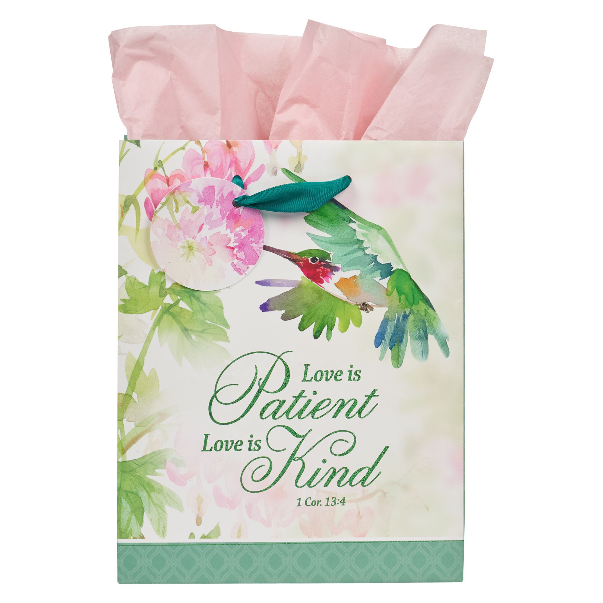 Gift Bag Medium: Love Is Patient, 1 Cor. 13:4, Green Persevere Hummingbird