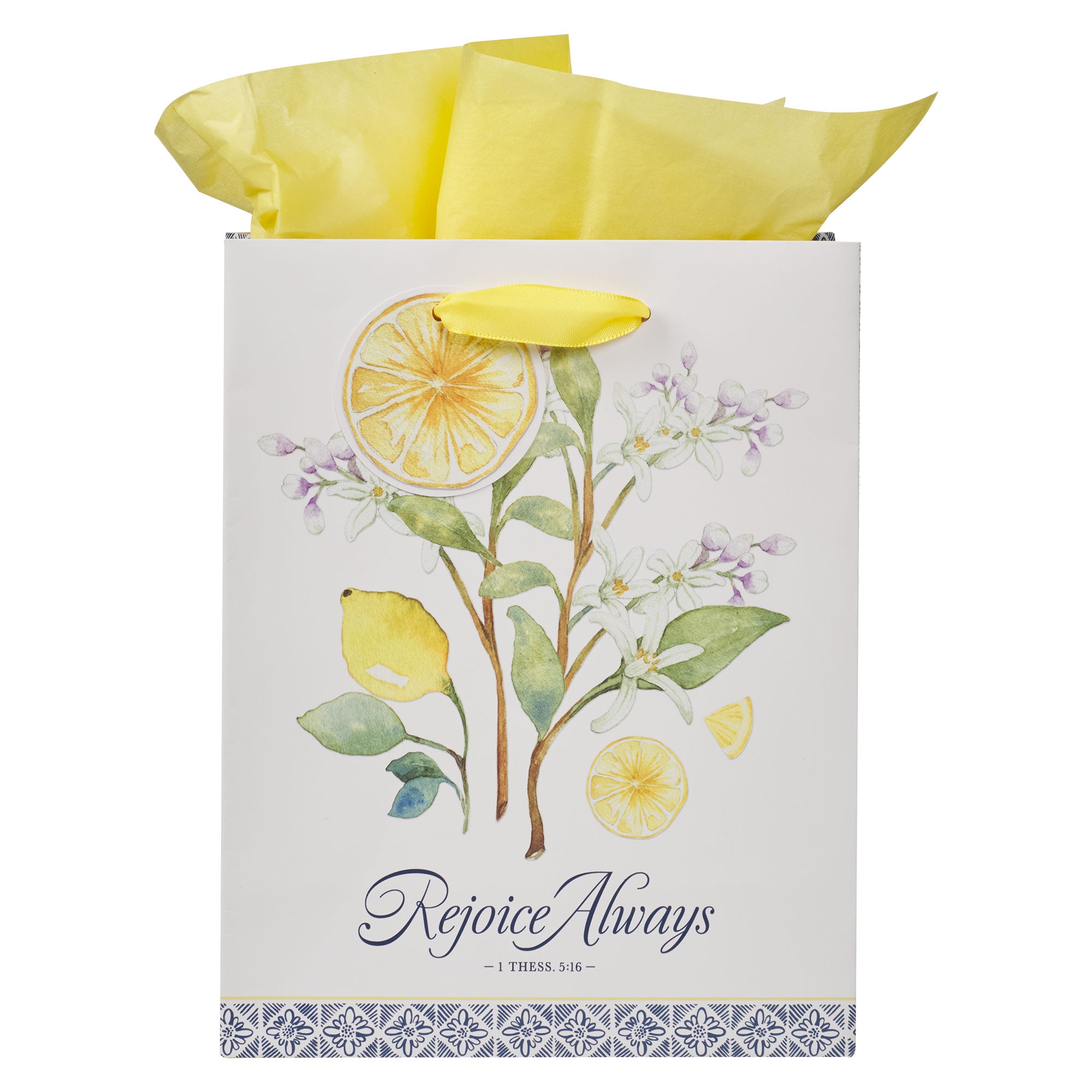 Gift Bag Medium: Rejoice Always, 1 Thess. 5:16, White/Yellow, Sweet Summertime Lemons