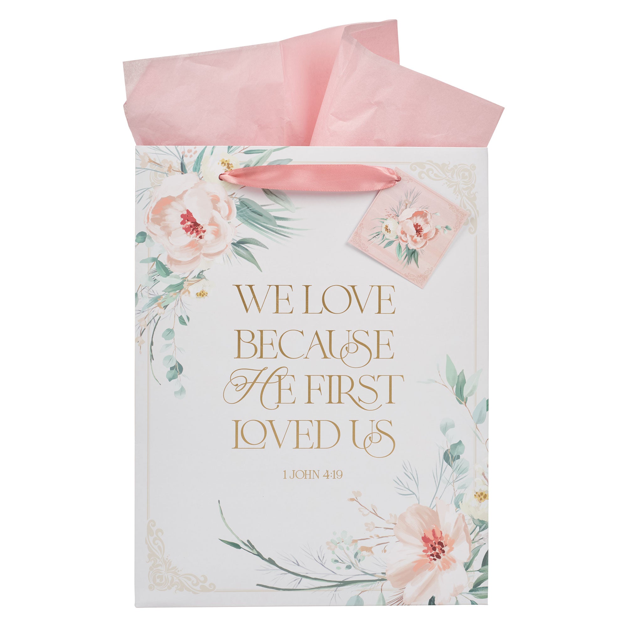 Gift Bag Large: He First Loved Us, 1 John 4:19, Mr. & Mrs. Peach Floral