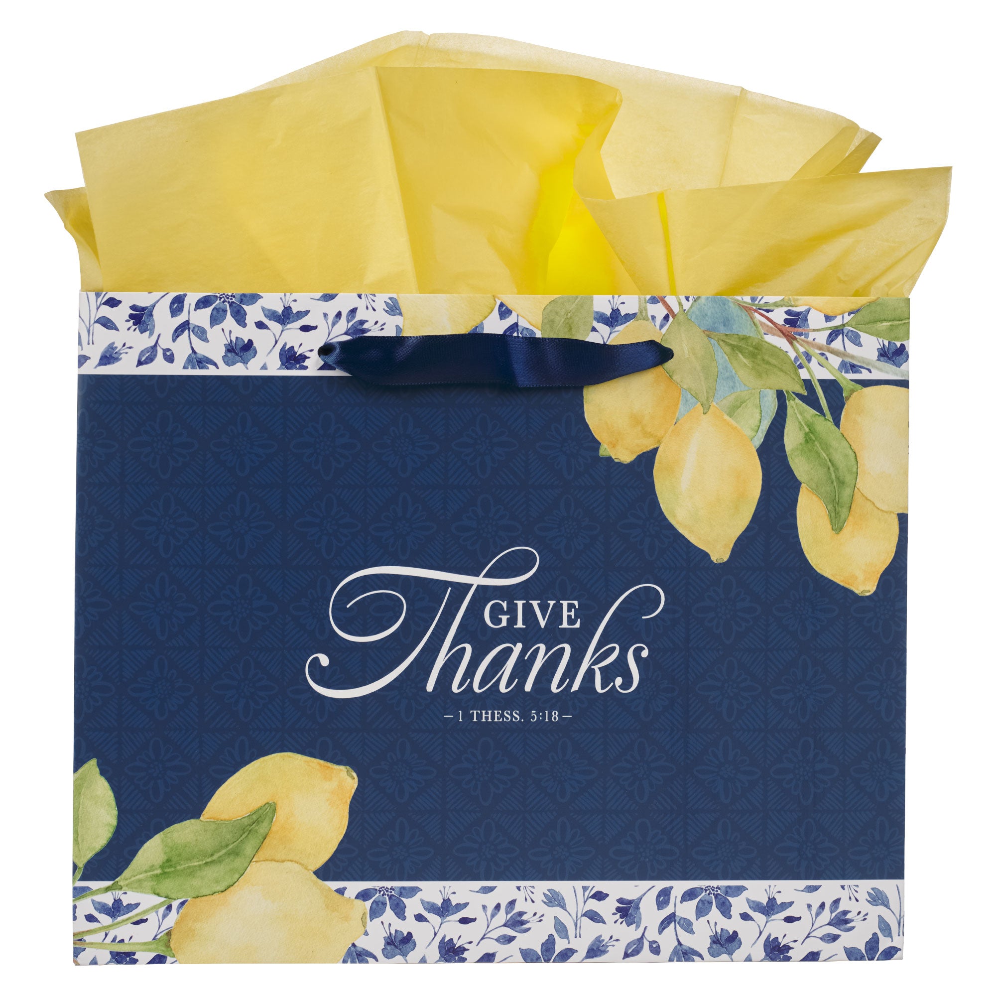 Gift Bag Large: Give Thanks, 1 Thess. 5:18, Blue/Yellow, Sweet Summertime Lemons