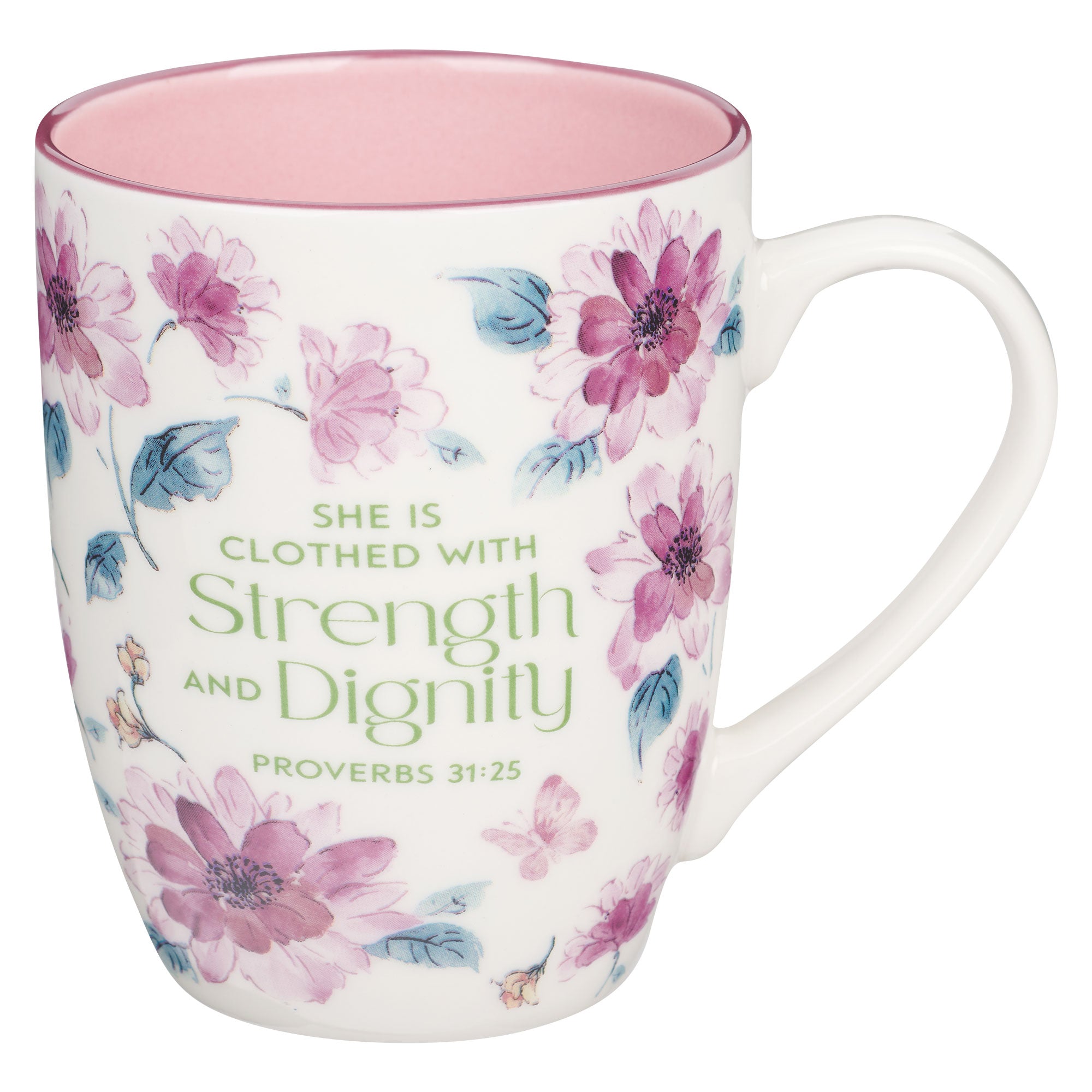 Ceramic Mug: Strength & Dignity Prov. 31:25, Pink Floral