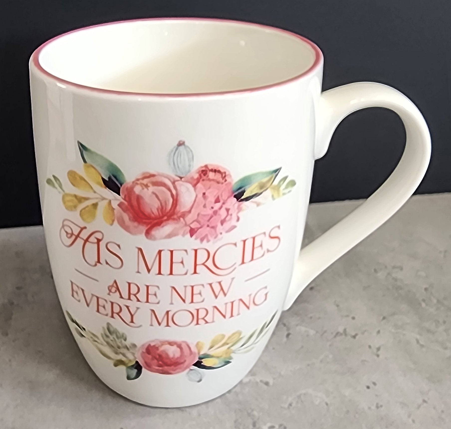 Ceramic Mug: Mercies are New, Lam. 3:22-23, Teal Floral