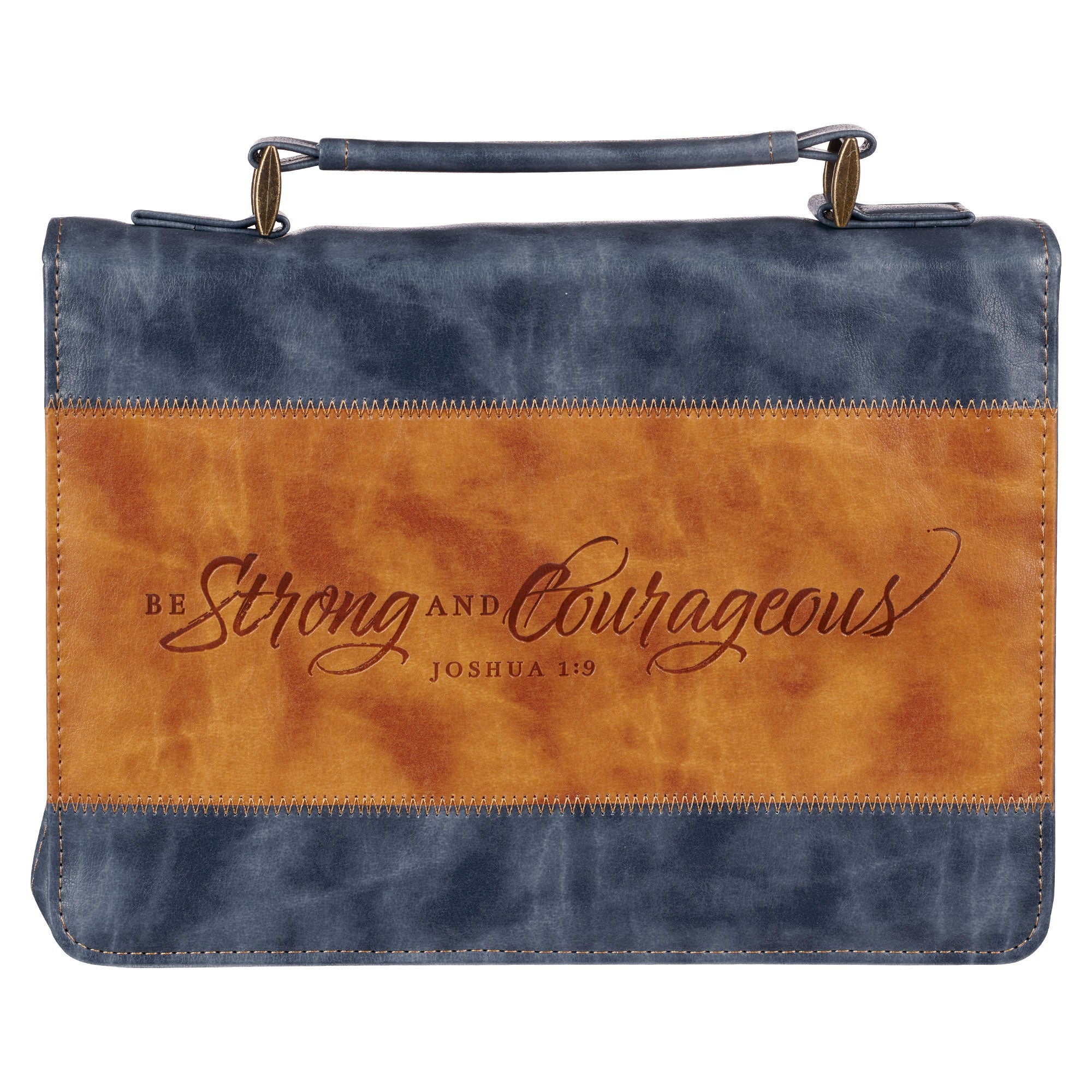 Bible Cover Large: Classic, Strong & Courageous,  Josh. 1:9 (Butterscotch and Navy)
