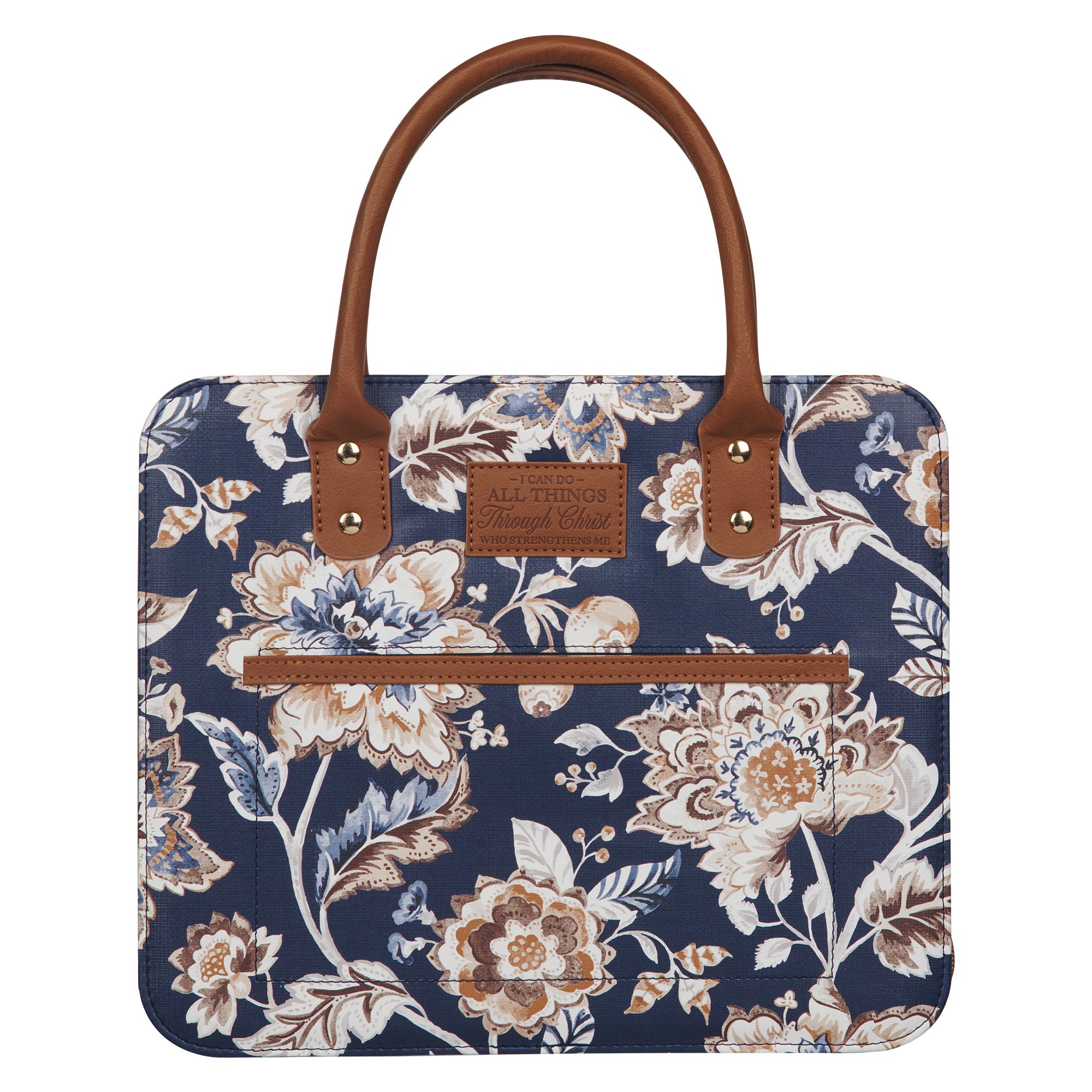 Bible Cover Medium: All Things, Phil. 4:13, Trust Honey-brown and Navy Floral