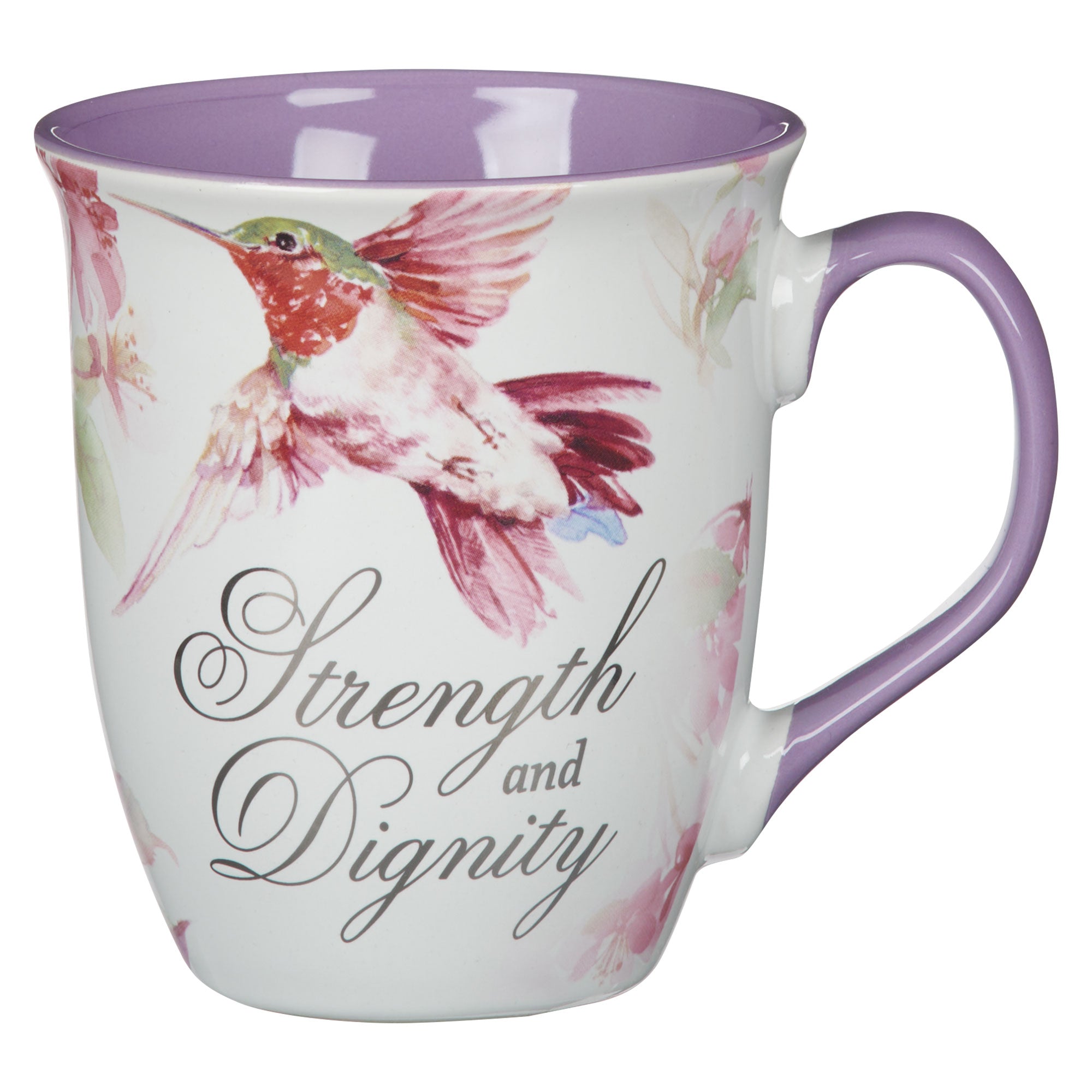 Ceramic Mug: Strength & Dignity Prov. 31:25, Purple, Persevere Hummingbird