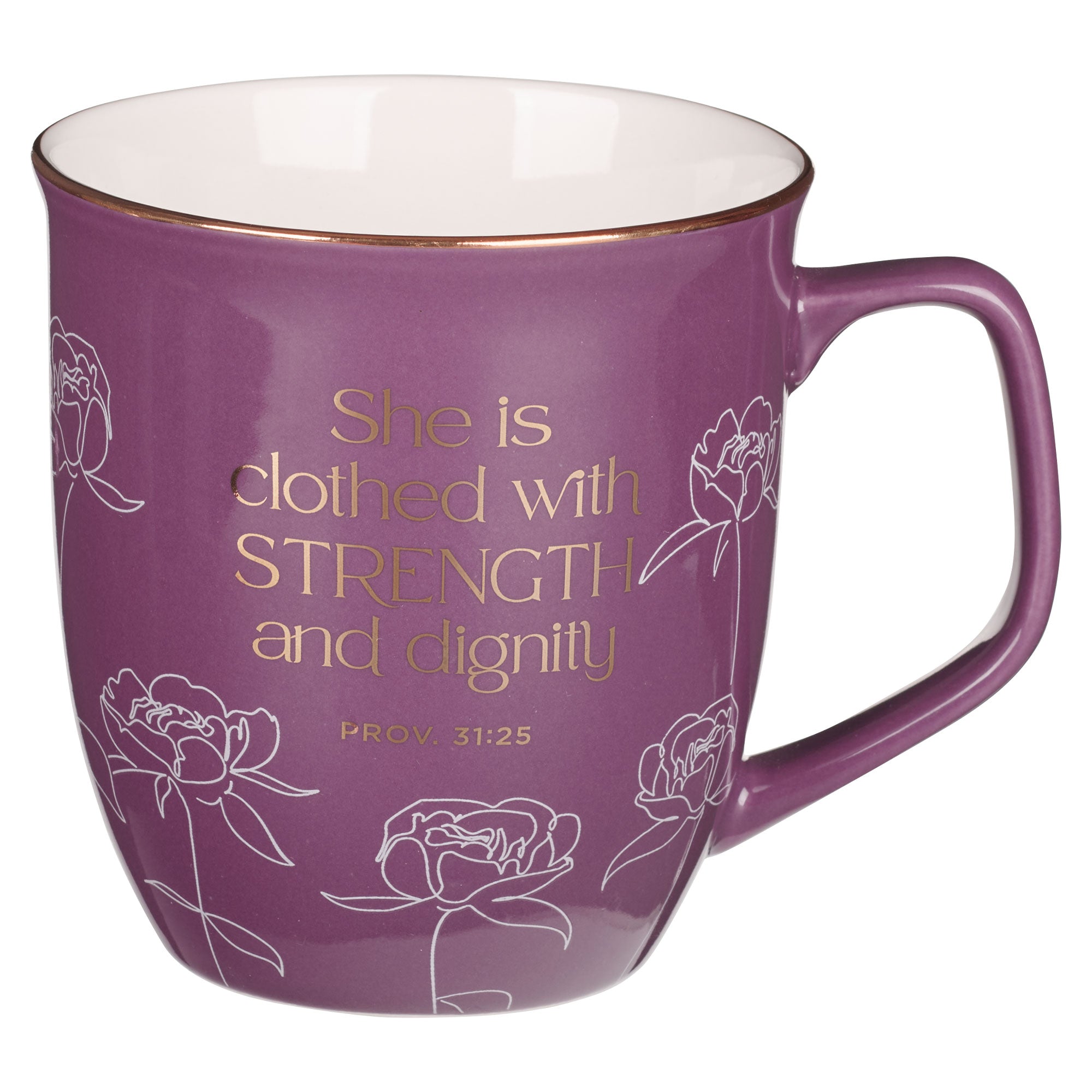 Ceramic Mug: Strength & Dignity Prov. 31:25, Purple Bloom Like the Flowers