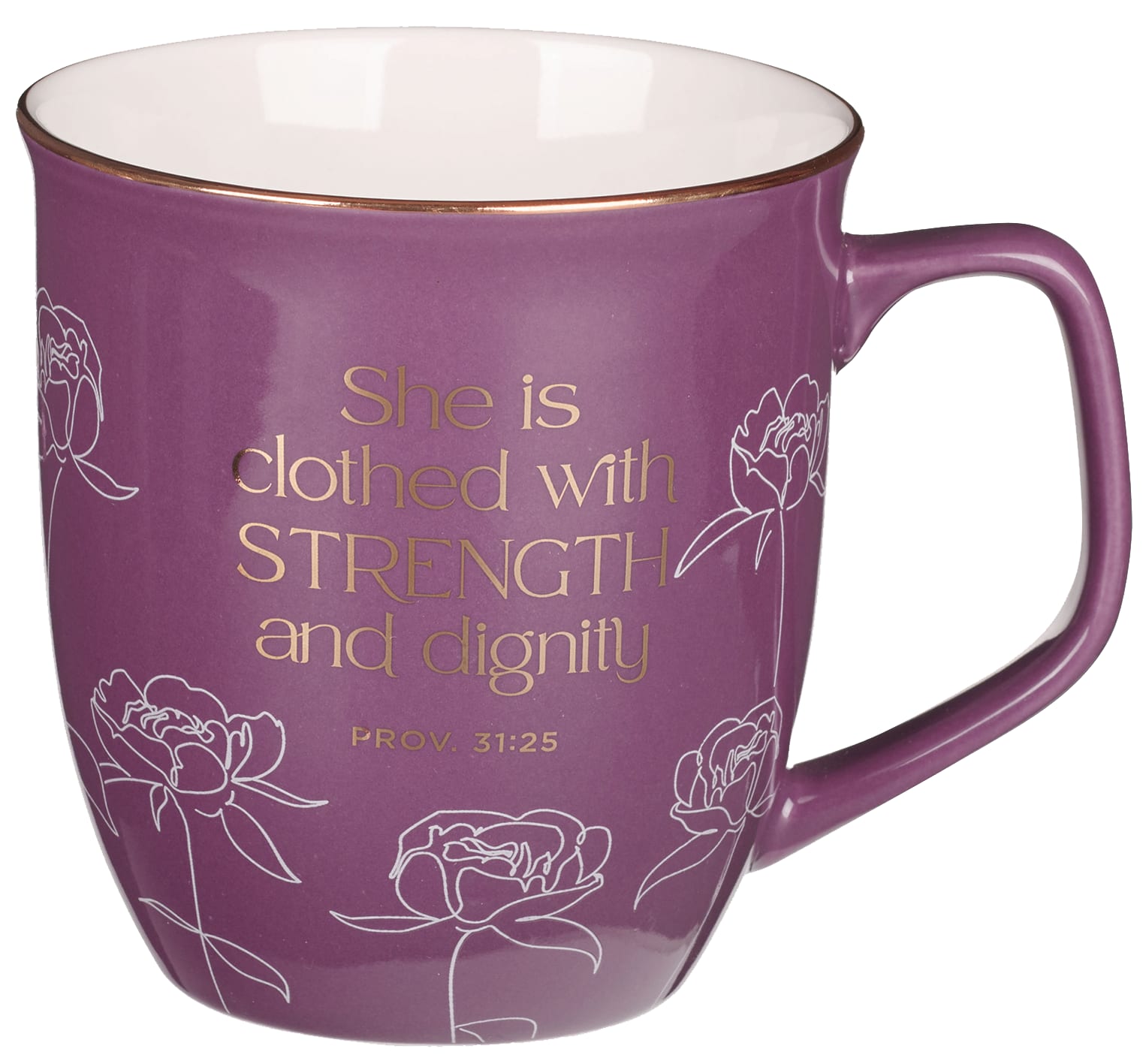 Ceramic Mug: Strength & Dignity Prov. 31:25, Purple Bloom Like the Flowers
