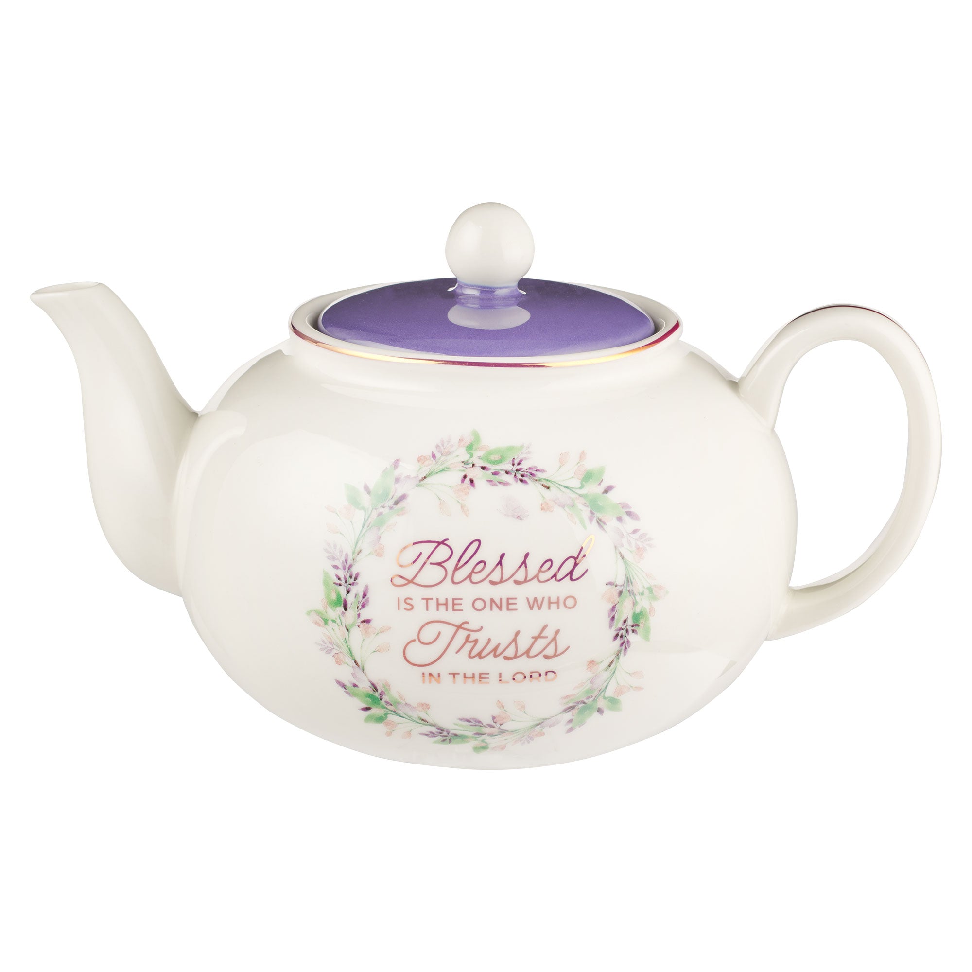 Ceramic Teapot: Blessed, Jer. 17:7,  New Mercies Purple Meadow