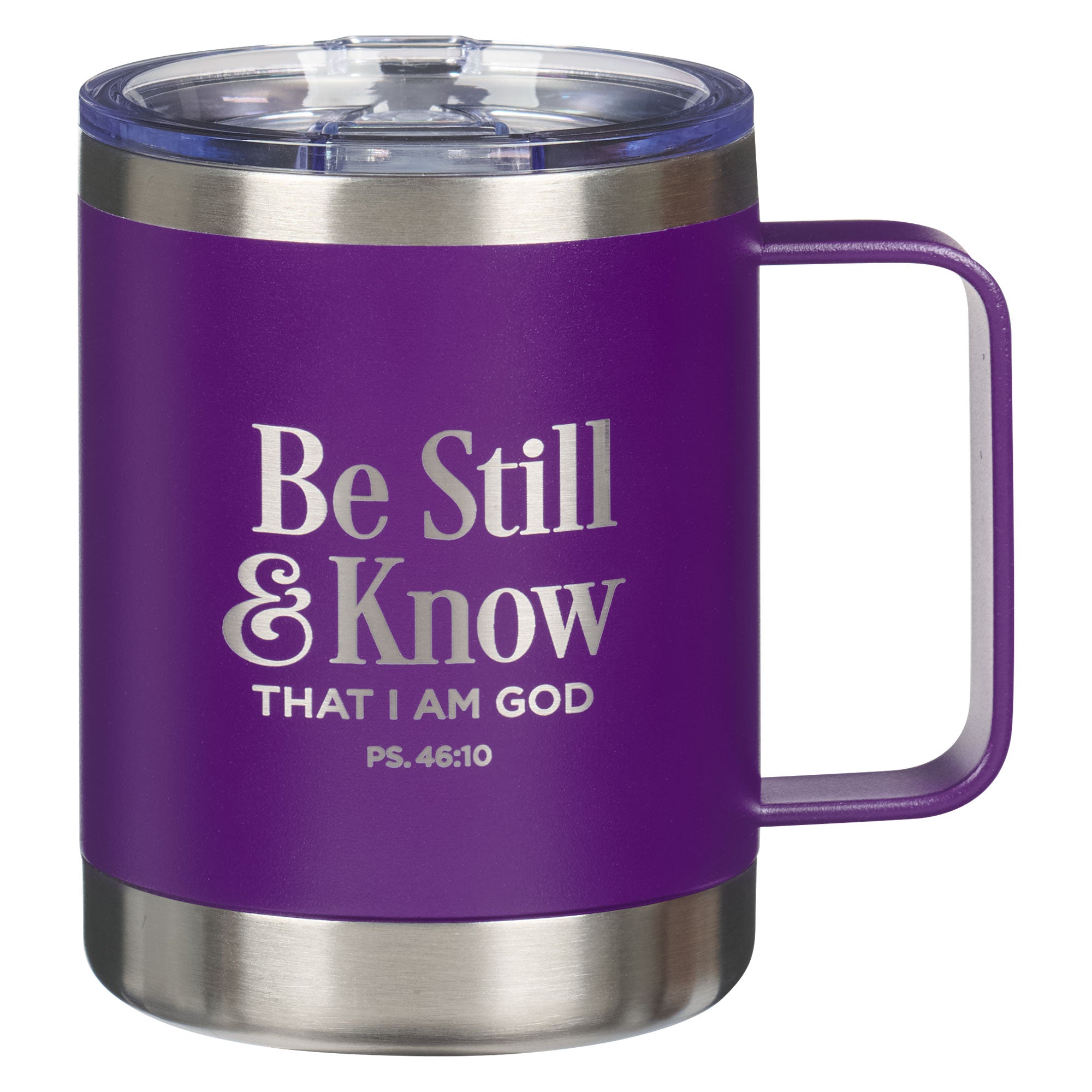 Camp Style Stainless Steel Mug: Be Still, Ps. 46:10, Purple