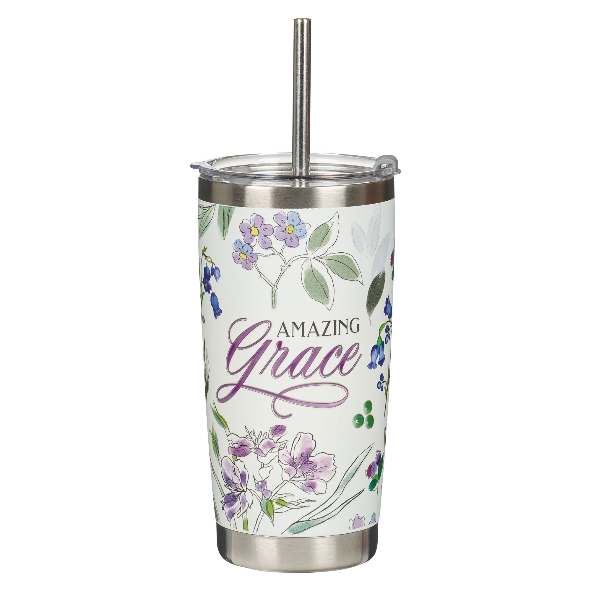Stainless Steel Tumbler with Straw: Amazing Grace, Purple