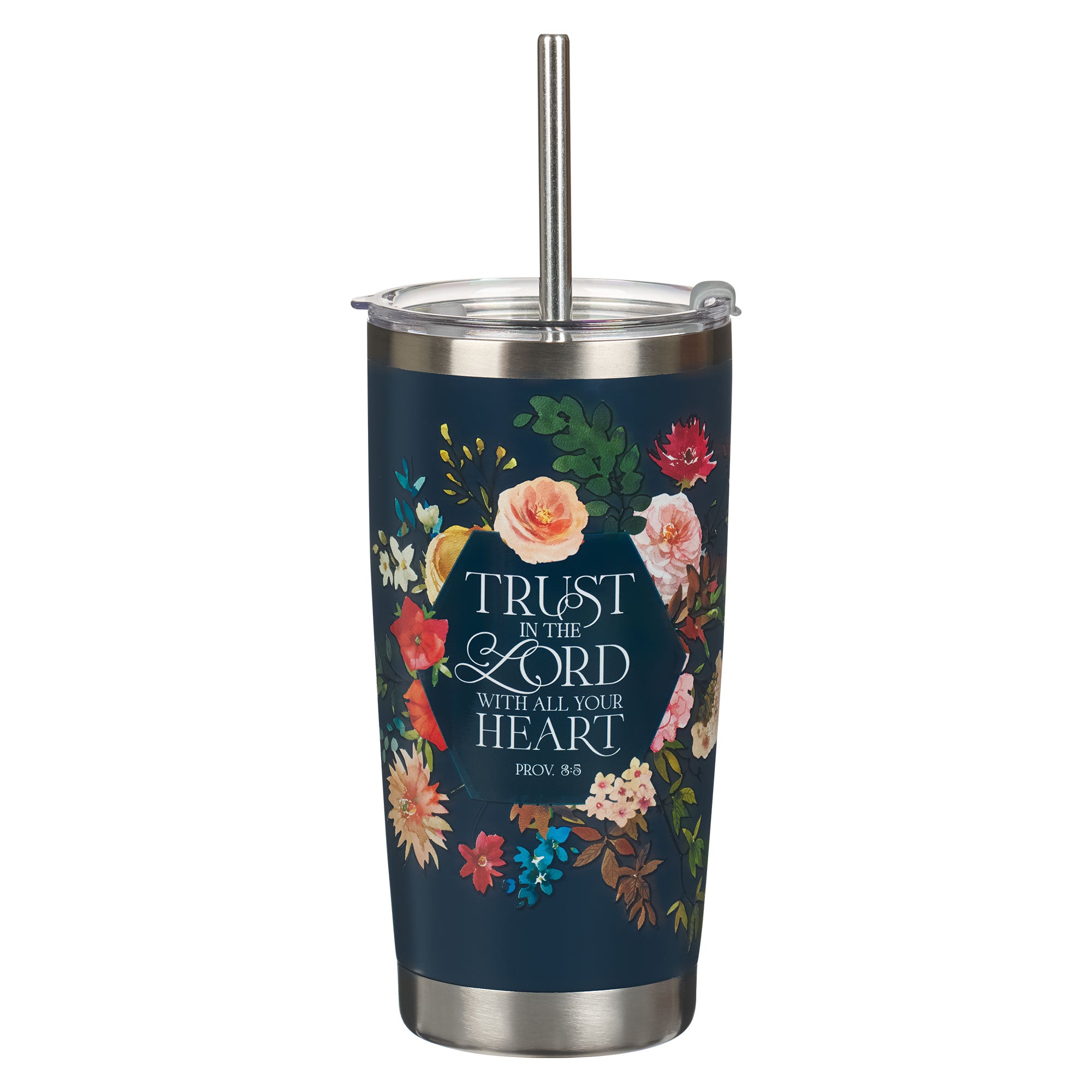 Stainless Steel Tumbler with Straw: Trust in the Lord, Prov. 3:5, Navy