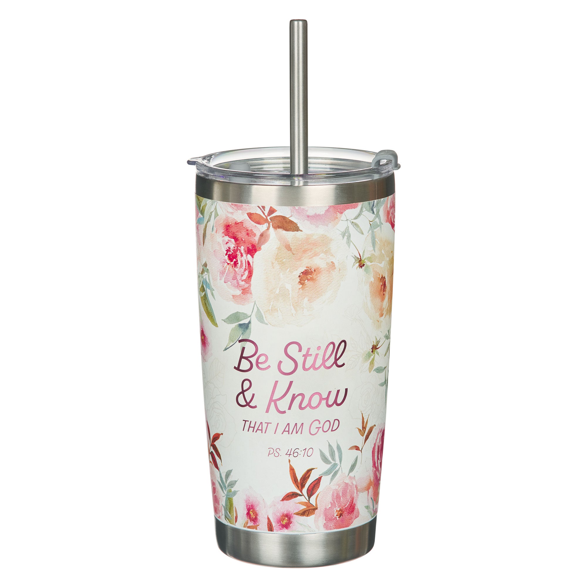 Stainless Steel Tumbler with Straw: Be Still, Ps. 46:10, Peach