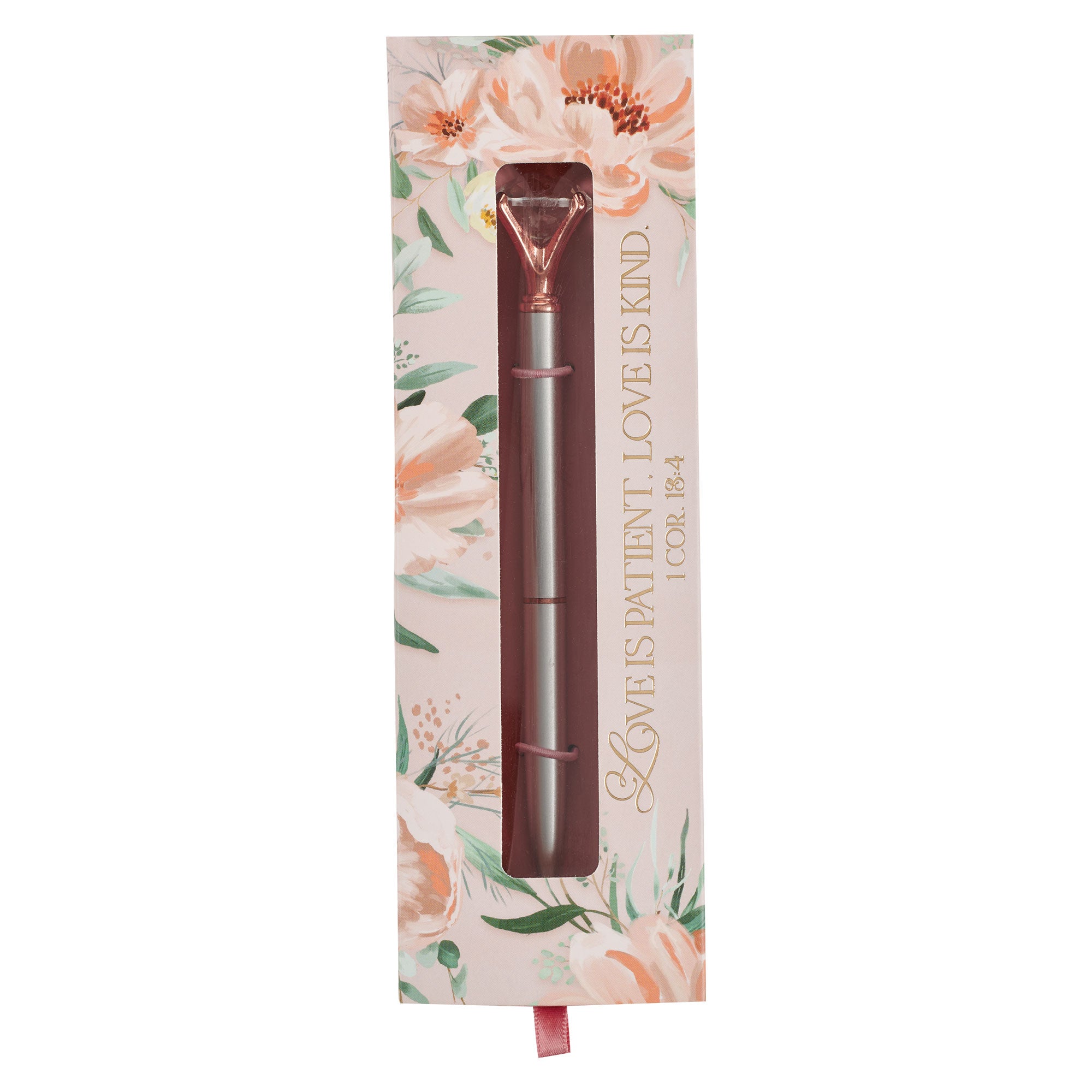 Pen: Diamond Top Mr. & Mrs., 1 Cor. 13:4, Peach Floral