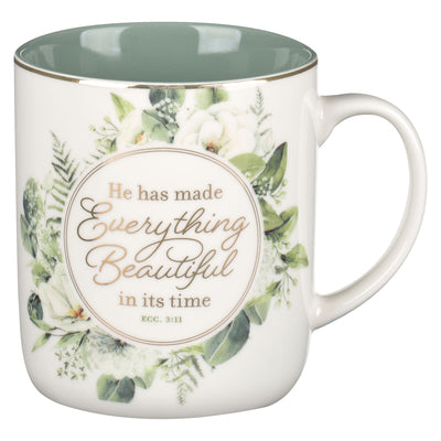 Ceramic Mug: Green Floral Everything Beautiful Ecc. 3:11, Green Floral, Comes in a Corrugated Box