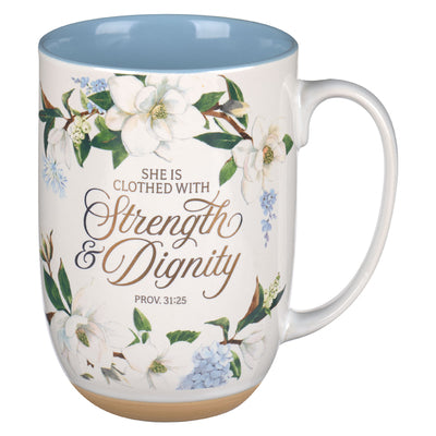Ceramic Mug: Strength & Dignity Prov. 31:25, Blue Floral, Comes in a Corrugated Box