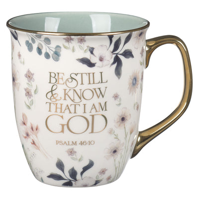 Ceramic Mug: Be Still Ps. 46:10, Teal Floral, Comes in a Corrugated Box