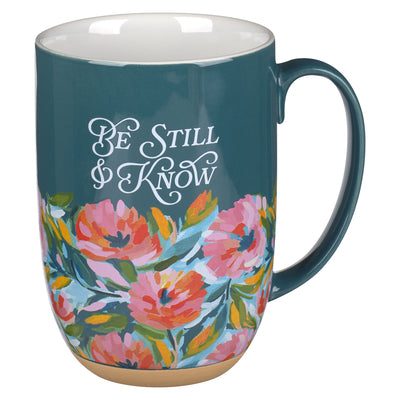 Ceramic Mug: Be Still  Ps. 46:10, Dark Teal Floral, Comes in a Corrugated Box
