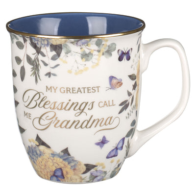 Ceramic Mug: Greatest Blessings Grandma Prov. 31:25, Blue Floral, Comes in a Corrugated Box