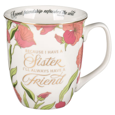 Ceramic Mug: Sister, Always a Friend Prov. 27:9, Pink, Comes in a Corrugated Box