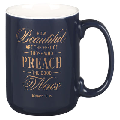 Ceramic Mug: Preach Good New Pastor Rom. 10:15, Navy, Comes in a Corrugated Box