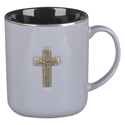 Ceramic Mug: Metal Cross 1 Peter 2:24, Gray, Comes in a Corrugated Box