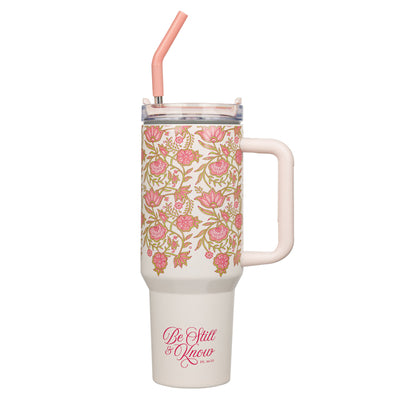 Tumbler with Straw Stainless Steel: Be Still Ps. 46:10, Pink, Comes in a Corrugated Box
