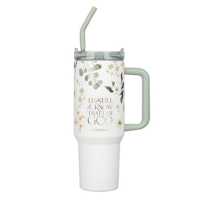 Tumbler with Straw Stainless Steel: Green Ps. 46:10, Comes in a Corrugated Box