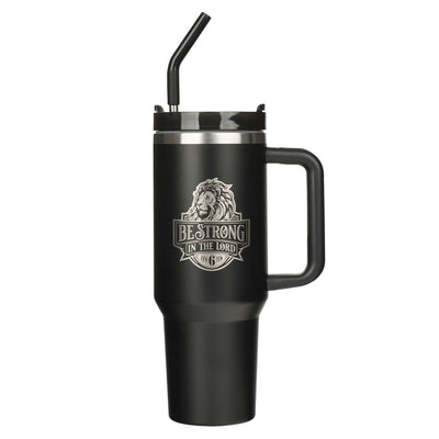 Tumbler with Straw Stainless Steel: Black Eph. 6:10, Comes in a Corrugated Box