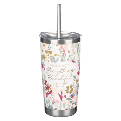 Tumbler with Straw Stainless Steel: Everything Beautiful Ecc. 3:11, Floral, Comes in a Corrugated Box