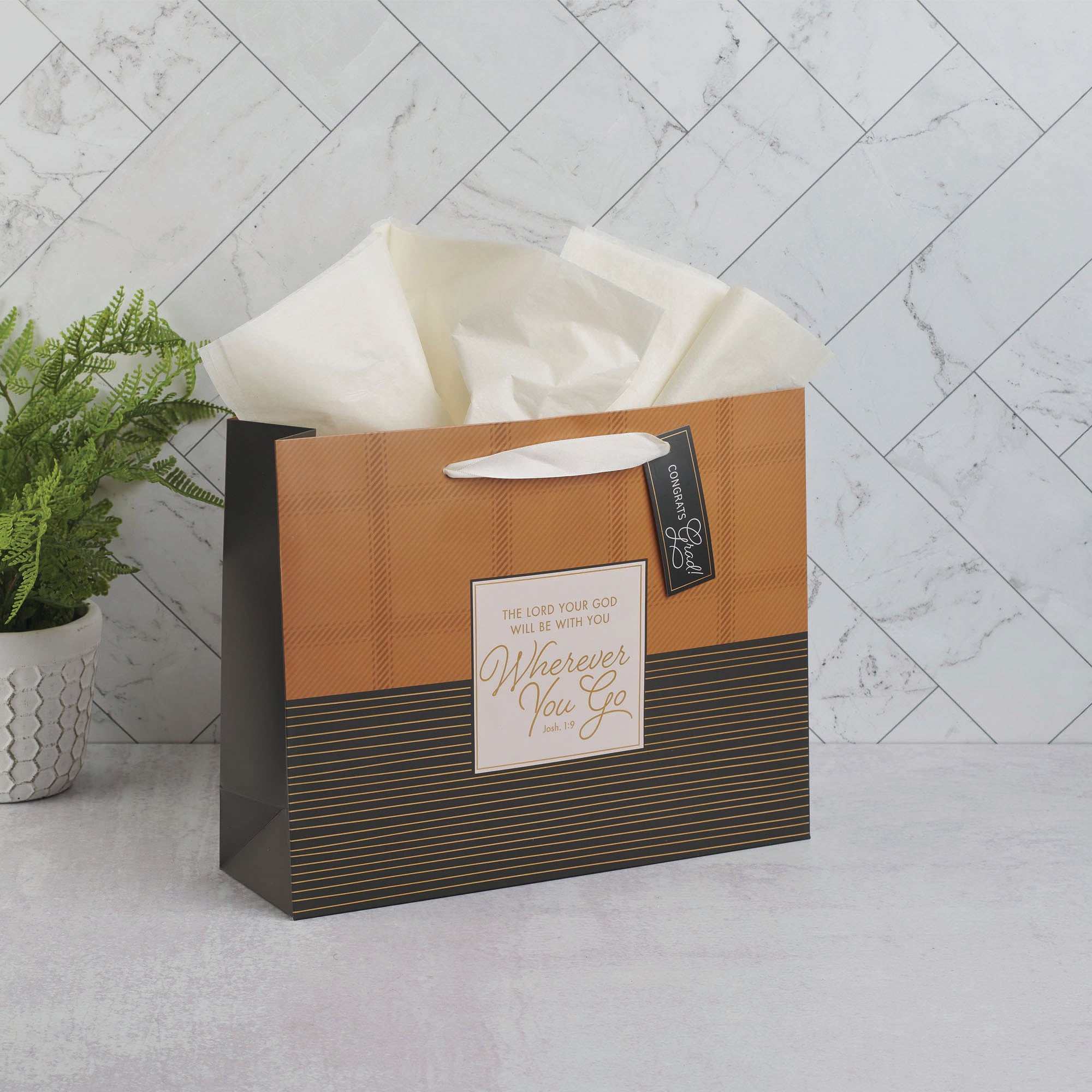Gift Bag Large: Wherever You Go (Josh. 1:9) Brown