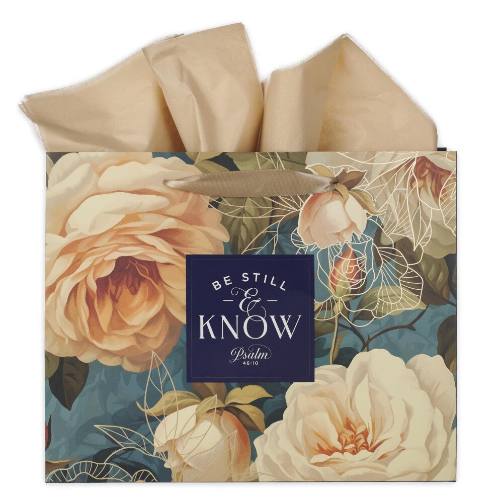 Gift Bag Large: Be Still (Ps. 46:10) Navy Floral (Serene Roses Collection)
