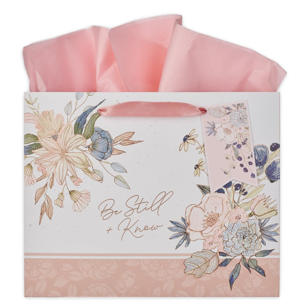 Gift Bag Large: Be Still (Ps. 46:10) Floral (Peaceful Peach Blossom Collection)